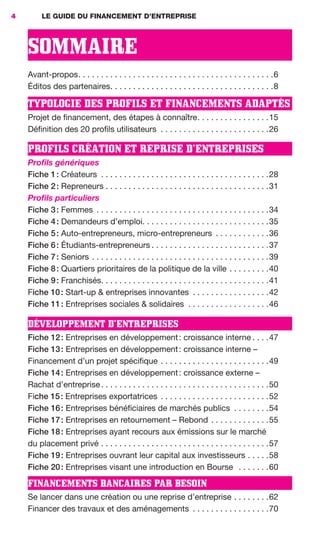 LE GUIDE DU FINANCEMENT D’ENTREPRISE4
SOMMAIRE
Avant-propos. . . . . . . . . . . . . . . . . . . . . . . . . . . . . . . . . . . . . . . . . . .6
Éditos des partenaires. . . . . . . . . . . . . . . . . . . . . . . . . . . . . . . . . . . .8
TYPOLOGIE DES PROFILS ET FINANCEMENTS ADAPTÉS
Projet de financement, des étapes à connaître. . . . . . . . . . . . . . . .15
Définition des 20 profils utilisateurs . . . . . . . . . . . . . . . . . . . . . . . .26
PROFILS CRÉATION ET REPRISE D’ENTREPRISES
Proﬁls génériques
Fiche 1: Créateurs . . . . . . . . . . . . . . . . . . . . . . . . . . . . . . . . . . . . .28
Fiche 2: Repreneurs . . . . . . . . . . . . . . . . . . . . . . . . . . . . . . . . . . . .31
Proﬁls particuliers
Fiche 3: Femmes . . . . . . . . . . . . . . . . . . . . . . . . . . . . . . . . . . . . . .34
Fiche 4: Demandeurs d’emploi. . . . . . . . . . . . . . . . . . . . . . . . . . . .35
Fiche 5: Auto-entrepreneurs, micro-entrepreneurs . . . . . . . . . . . .36
Fiche 6: Étudiants-entrepreneurs . . . . . . . . . . . . . . . . . . . . . . . . . .37
Fiche 7: Seniors . . . . . . . . . . . . . . . . . . . . . . . . . . . . . . . . . . . . . . .39
Fiche 8: Quartiers prioritaires de la politique de la ville . . . . . . . . .40
Fiche 9: Franchisés. . . . . . . . . . . . . . . . . . . . . . . . . . . . . . . . . . . . .41
Fiche 10: Start-up & entreprises innovantes . . . . . . . . . . . . . . . . .42
Fiche 11: Entreprises sociales & solidaires . . . . . . . . . . . . . . . . . .46
DÉVELOPPEMENT D’ENTREPRISES
Fiche 12: Entreprises en développement: croissance interne . . . .47
Fiche 13: Entreprises en développement: croissance interne –
Financement d’un projet spécifique . . . . . . . . . . . . . . . . . . . . . . . .49
Fiche 14: Entreprises en développement: croissance externe –
Rachat d’entreprise. . . . . . . . . . . . . . . . . . . . . . . . . . . . . . . . . . . . .50
Fiche 15: Entreprises exportatrices . . . . . . . . . . . . . . . . . . . . . . . .52
Fiche 16: Entreprises bénéficiaires de marchés publics . . . . . . . .54
Fiche 17: Entreprises en retournement – Rebond . . . . . . . . . . . . .55
Fiche 18: Entreprises ayant recours aux émissions sur le marché
du placement privé . . . . . . . . . . . . . . . . . . . . . . . . . . . . . . . . . . . . .57
Fiche 19: Entreprises ouvrant leur capital aux investisseurs . . . . .58
Fiche 20: Entreprises visant une introduction en Bourse . . . . . . .60
FINANCEMENTS BANCAIRES PAR BESOIN
Se lancer dans une création ou une reprise d’entreprise . . . . . . . .62
Financer des travaux et des aménagements . . . . . . . . . . . . . . . . .70
GDR FE 001-014.indd 4GDR FE 001-014.indd 4 11/01/16 16:0211/01/16 16:02
Sicogif Certified PDF LES PAOISTES
 