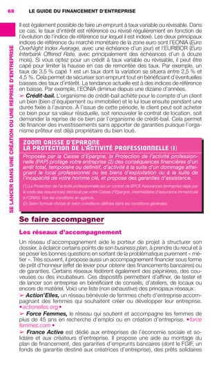 LE GUIDE DU FINANCEMENT D’ENTREPRISE68
SELANCERDANSUNECRÉATIONOUUNEREPRISED'ENTREPRISE
Il est également possible de faire un emprunt à taux variable ou révisable. Dans
ce cas, le taux d’intérêt est référencé ou révisé régulièrement en fonction de
l’évolution de l’indice de référence sur lequel il est indexé. Les deux principaux
indices de référence du marché monétaire de la zone euro sont l’EONIA (Euro
OverNight Index Average, avec une échéance d’un jour) et l’EURIBOR (Euro
Interbank Offered Rate, avec principalement des échéances d’un à douze
mois). Si vous optez pour un crédit à taux variable ou révisable, il peut être
capé pour limiter la hausse en cas de remontée des taux. Par exemple, un
taux de 3,5 % capé 1 est un taux dont la variation se situera entre 2,5 % et
4,5 %. Cela permet de sécuriser son emprunt tout en bénéﬁciant d’éventuelles
baisses des taux d’intérêt. La tendance actuelle est à des indices de référence
en baisse. Par exemple, l’EONIA diminue depuis une dizaine d’années.
➢ Crédit-bail. L’organisme de crédit-bail achète pour le compte d’un client
un bien (bien d’équipement ou immobilier) et le lui loue ensuite pendant une
durée ﬁxée à l’avance. À l’issue de cette période, le client peut soit acheter
ce bien pour sa valeur résiduelle, soit renouveler le contrat de location, soit
demander la reprise de ce bien par l’organisme de crédit-bail. Cela permet
de ﬁnancer des investissements sans apporter de garanties puisque l’orga-
nisme prêteur est déjà propriétaire du bien loué.
Se faire accompagner
Les réseaux d’accompagnement
Un réseau d’accompagnement aide le porteur de projet à structurer son
dossier, à éclaircir certains points de son business plan, à prendre du recul et à
se poser les bonnes questions en sortant de la problématique purement « mé-
tier ». Très souvent, il propose aussi un accompagnement ﬁnancier sous forme
de prêt d’honneur (effet de levier pour obtenir des ﬁnancements bancaires) ou
de garanties. Certains réseaux fédèrent également des pépinières, des cou-
veuses ou des incubateurs. Ces dispositifs permettent d’afﬁner, de tester et
de lancer son entreprise en bénéﬁciant de conseils, d’ateliers, de locaux ou
encore de matériel. Voici une liste (non exhaustive) des principaux réseaux:
➢ Action’Elles, un réseau bénévole de femmes chefs d’entreprise accom-
pagnant des femmes qui souhaitent créer ou développer leur entreprise.
•actionelles.org•
➢ Force Femmes, le réseau qui soutient et accompagne les femmes de
plus de 45 ans en recherche d'emploi ou en création d'entreprise. •force
femmes.com •
➢ France Active est dédié aux entreprises de l’économie sociale et so-
lidaire et aux créateurs d’entreprise. Il propose une aide au montage du
plan de ﬁnancement, des garanties d’emprunts bancaires (dont le FGIF, un
fonds de garantie destiné aux créatrices d’entreprise), des prêts solidaires
ZOOM CAISSE D'EPARGNE
LA PROTECTION DE L'ACTIVITÉ PROFESSIONNELLE (1)
Proposée par la Caisse d'Epargne, la Protection de l’activité profession-
nelle (PAP) protège votre entreprise (2) des conséquences ﬁnancières d’un
arrêt total, temporaire ou déﬁnitif, d’activité à la suite d’un dommage attei-
gnant le local professionnel ou les biens d’exploitation ou à la suite de
l’incapacité de votre homme clé, et propose des garanties d’assistance.
(1) La Protection de l’activité professionnelle est un contrat de BPCE Assurances (entreprise régie par
le code des assurances) distribué par votre Caisse d'Epargne, intermédiaire d’assurance immatriculé
à l’ORIAS. Voir les conditions en agence.
(2) Selon formule choisie et selon conditions déﬁnies dans les conditions générales.
GDR FE 062-099.indd 68GDR FE 062-099.indd 68 08/01/16 10:5208/01/16 10:52
Sicogif Certified PDF LES PAOISTES
 