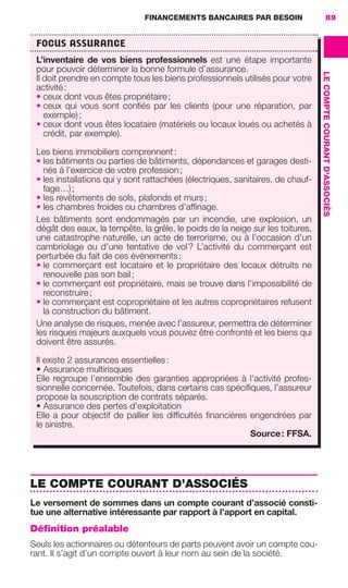 FINANCEMENTS BANCAIRES PAR BESOIN 89
LECOMPTECOURANTD'ASSOCIÉS
LE COMPTE COURANT D’ASSOCIÉS
Le versement de sommes dans un compte courant d’associé consti-
tue une alternative intéressante par rapport à l’apport en capital.
Définition préalable
Seuls les actionnaires ou détenteurs de parts peuvent avoir un compte cou-
rant. Il s’agit d’un compte ouvert à leur nom au sein de la société.
FOCUS ASSURANCE
L’inventaire de vos biens professionnels est une étape importante
pour pouvoir déterminer la bonne formule d’assurance.
Il doit prendre en compte tous les biens professionnels utilisés pour votre
activité:
• ceux dont vous êtes propriétaire;
• ceux qui vous sont conﬁés par les clients (pour une réparation, par
exemple);
• ceux dont vous êtes locataire (matériels ou locaux loués ou achetés à
crédit, par exemple).
Les biens immobiliers comprennent:
• les bâtiments ou parties de bâtiments, dépendances et garages desti-
nés à l’exercice de votre profession;
• les installations qui y sont rattachées (électriques, sanitaires, de chauf-
fage…);
• les revêtements de sols, plafonds et murs;
• les chambres froides ou chambres d’afﬁnage.
Les bâtiments sont endommagés par un incendie, une explosion, un
dégât des eaux, la tempête, la grêle, le poids de la neige sur les toitures,
une catastrophe naturelle, un acte de terrorisme, ou à l’occasion d’un
cambriolage ou d’une tentative de vol? L’activité du commerçant est
perturbée du fait de ces événements:
• le commerçant est locataire et le propriétaire des locaux détruits ne
renouvelle pas son bail;
• le commerçant est propriétaire, mais se trouve dans l’impossibilité de
reconstruire;
• le commerçant est copropriétaire et les autres copropriétaires refusent
la construction du bâtiment.
Une analyse de risques, menée avec l’assureur, permettra de déterminer
les risques majeurs auxquels vous pouvez être confronté et les biens qui
doivent être assurés.
Il existe 2 assurances essentielles:
• Assurance multirisques
Elle regroupe l’ensemble des garanties appropriées à l’activité profes-
sionnelle concernée. Toutefois, dans certains cas spéciﬁques, l’assureur
propose la souscription de contrats séparés.
• Assurance des pertes d'exploitation
Elle a pour objectif de pallier les difﬁcultés ﬁnancières engendrées par
le sinistre.
Source: FFSA.
GDR FE 062-099.indd 89GDR FE 062-099.indd 89 08/01/16 10:5208/01/16 10:52
Sicogif Certified PDF LES PAOISTES
 