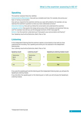 15
Speaking
The examiner assesses these four abilities:
Communicative effectiveness: How well you complete each task. For example, discussing your
topic or having a conversation.
How well you respond to the examiner and how you cope with problems. For example, can you
rephrase the examiner’s question to check you have understood correctly?
Interactive listening: How well you follow the conversation and understand the examiner.
Language control: How good is the range and accuracy of the vocabulary and grammar that you
use? For example, how well you use the language functions of ISE II (see page 14).
Delivery: Can the examiner understand you? How good is your pronunciation and fluency?
Your Speaking result will be Distinction, Merit, Pass or Fail.
Listening
In the Independent listening task the examiner awards a score based on how well you have
understood the recording. Your speaking and writing are not assessed in the Independent
listening task.
Your Listening result will be Distinction, Merit, Pass or Fail.
Speaking result:	 Listening result:*	 Speaking  Listening module result:
If you pass the speaking part and the listening part (the Independent listening task), you will pass the
Speaking  Listening module.
If you fail either the speaking part or the listening part, or both, you will not pass the Speaking 
Listening module.
What is the examiner assessing in ISE II?
Distinction
Merit
Pass
Distinction
Merit
Pass
Pass+
=
Fail Fail Fail+ =
*Independent listening task
 