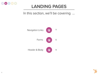 1
LANDING PAGES
In this section, we’ll be covering …
Navigation Links
Forms
Header & Body
11
12
14
10
 
