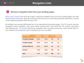 We’ve said it before and we’ll say it again: removing navigation links from your landing pages can help
improve your conversion rates. By removing these links, you’re eliminating possible distractions, making
it more likely that people will ﬁll out your form.
!
At HubSpot, we recently A/B tested ﬁve of our top-performing landing pages. The “A” versions had top
navigation, footer navigation, and social media sharing links in tact, while the “B” versions had these
links stripped out. The results? Removing navigation links increased conversion rates overall. (And, in
one instance, the conversion rate increased by as much as 28%.)
Navigation Links
11
Remove navigation links from your landing pages.★
 