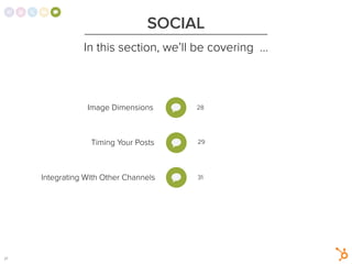 1
SOCIAL
In this section, we’ll be covering …
Image Dimensions
Timing Your Posts
Integrating With Other Channels
28
29
31
27
 