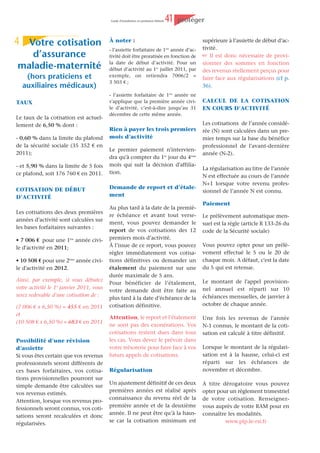 Guide d’installation en profession libérale   33   gérér




                Auto-entrepreneur
Si vous êtes soumis au régime             retenir pour apprécier le seuil de                          Le principe du régime micro-
fiscal micro-BNC, c’est-à-dire si         32 600 € doit être ajusté au prorata                       social
                                          du temps d’exploitation.
votre chiffre d’affaires ne                                                                          Chaque trimestre ou chaque mois, le
                                          Par exemple, pour une activité commencée                   micro-entrepreneur déclare ses
dépasse pas 32 600 € HT en
                                          au 1er mars 2011, le montant maximum                       recettes HT réellement réalisées au
2011, vous pouvez bénéficier              du chiffre d'affaires à ne pas dépasser est                cours de cette période et verse les
sur option, d’un régime simpli-           de : 32 600 x 306/365 soit 27 330 €.                       cotisations sociales correspondantes.
fié de prélèvement libératoire                                                                       Il est par ailleurs dispensé d'établir
des cotisations sociales et de             Période de tolérance                                     une déclaration annuelle de revenus
                                                                                                     auprès du régime social des indépen-
l’impôt sur le revenu.                    En cas de dépassement du seuil de
                                                                                                     dants (RSI).
                                          32 600 € en 2011, vous continuerez
                                                                                                     S'il n'encaisse rien, il ne paie et ne
                                          à bénéficier de ce régime en 2011 et
 Activités libérales concernées                                                                     déclare donc rien.
                                          2012 si votre chiffre d'affaires ne
Ne peuvent être auto-entrepreneurs        dépasse pas 34 600 €.
que les professionnels libéraux                                                                      Calcul des cotisations sociales
dépendant, au niveau du régime de                      La tolérance du dépasse-
                                                veau                                                 Le montant des cotisations sociales
retraite :                                 Nou       ment pendant 2 ans n’est pas                    est calculé en appliquant au chiffre
                                          appliquée en cas de dépassement du                         d'affaires un taux global de cotisations
- soit de la Cipav, caisse de retraite
                                          seuil de chiffre d’affaires la première                    de :
regroupant de nombreuses activités
                                          année d’activité d'auto-entrepreneur.                      - 18,3 % du CA HT pour les profes-
(architectes, conseils, experts, psy-
chologues, enseignants, etc.) Voir la                                                                sions libérales relevant de la Cipav;
                                          Attention, en cas de dépassement du
liste des activités concernées p. 47                                                                 - 21,3 % du CA HT pour les profes-
                                          seuil de 34 600 €, vous perdrez le
- soit du RSI (Régime social des indé-    bénéfice du régime fiscal de la micro-                     sions libérales relevant du régime de
pendants) : il s'agit principalement      entreprise au 1er janvier de l'année de                    retraite du RSI.
des agents commerciaux et des             dépassement et vous devrez facturer
                                                                                                     Les bénéficiaires de l'Accre bénéfi-
exploitants d'auto-écoles (cf p 54).      la TVA dès le 1er jour du mois de                          cient de taux forfaitaires spécifiques,
                                          dépassement.                                               minorés et progressifs en fonction de la
 Activités libérales exclues                                                                        période d’exonératiion en cause.
                                          NB : le seuil de 34 600 € ne s’applique
Les activités libérales qui relèvent      pas pour les activités exonérées de TVA.
d'une caisse de retraite autre que la                                                                Option complémentaire pour le
Cipav ou le RSI :                          Vous êtes déjà en activité ?                             versement libératoire de l'im-
- les professions juridiques et judi-                                                                pôt sur le revenu
ciaires;                                  Si vous êtes entrepreneur individuel,
                                          soumis au régime fiscal de la micro-                       Cette option supplémentaire vous est
- les professions de la santé ;
                                          entreprise, vous pouvez devenir auto-                      offerte si le revenu global de référen-
- les agents généraux d'assurances,
                                          entrepreneur en optant pour le régi-                       ce de votre foyer fiscal de 2009 ne
experts-comptables, commissaires
                                          me micro-social et pour le verse-                        dépasse pas 26 030 € par part de quo-
aux comptes;
                                          ment libératoire de l’impôt.                               tient familial.
- les activités artistiques rémunérées
par des droits d'auteur, qui dépen-       Cette possibilité concerne aussi bien                      En optant pour ce versement libéra-
dent de la maison des artistes ou de      les professions libérales relevant du                      toire, vous réglerez votre impôt sur le
l'Agessa.                                 RSI pour la retraite que celles relevant                   revenu en même temps que votre
Toutefois, un artiste qualifié de         de la Cipav.                                               forfait de charges sociales, en appli-
libre, relevant des professions libé-                                                              quant à vos encaissements le taux de
rales (c'est à dire rémunéré non pas      Attention ! La première année d'ap-                        2,2 % du CA HT (pour les profes-
en droits d'auteur, mais en hono-         plication du régime micro-social,                          sions libérales imposables dans la
raires) peut exercer son activité sous    vous devrez également payer la régu-                       catégorie des BNC - Bénéfices non
le régime de l'auto-entrepreneur.         larisation de vos cotisations sociales                     commerciaux).
                                          dues au titre de votre activité anté-
                                          rieure en novembre et décembre.                            Vous serez par ailleurs exonéré(e) de
 Seuil applicable la 1ère année
                                                                                                     la cotisation foncière des entreprises
Si vous débutez votre activité en                                                                    (CFE) l’année de la création et les 2
cours d'année, le chiffre d’affaires à                                                               années suivantes.
 
