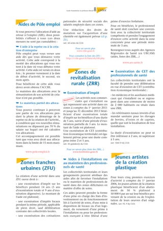 Guide d’installation en profession libérale   8   créer


                                            patronales de sécurité sociale des                           prime d’exercice forfaitaire.
  Aides de Pôle emploi                      salariés employés dans ces zones.                            Pour en bénéficier, le professionnel
                                            Une réduction des droits de                                  de santé doit conclure une conven-
Si vous percevez l’allocation d’aide au                                                                  tion avec la collectivité territoriale
                                            mutation sur l’acquisition d’une
retour à l’emploi (ARE), deux possi-                                                                     compétente et prendre l'engagement
                                            clientèle est également prévue (cf p.
bilités s’offrent à vous (ces deux                                                                       d'exercer cette activité dans la zone
                                            21).
mesures ne sont pas cumulables) :           (art. 44 octies du CGI)                                      concernée pour une période mini-
¯ L’aide à la reprise ou à la créa-                                                                      male de 3 ans.
                                                             Pour en savoir plus
tion d’entreprise                                             www.ville.gouv.fr                          Renseignez-vous auprès des Agences
Pôle emploi peut vous verser une                                                                         Régionales de Santé (ex URCAM)
                                                  Pour consulter la liste des ZFU :                      (aides, listes des ZRR,...)
aide dès que vous démarrez votre
                                               http://i.ville.gouv.fr/Data/zfu100.php
activité. Cette aide correspond à la
moitié des allocations qui vous res-                                                                                  www.ars.sante.fr
tent à la date où vous débutez votre
activité. Cette aide est versée en deux
fois ; le premier versement à la date                  Zones de                                          ¯ Exonération de CET des
de début d’activité, le second, six                                                                      professionnels de santé
mois après.
                                                     revitalisation                                      Les collectivités territoriales ont la
Pour bénéficier de cette aide vous                   rurale (ZRR)                                        faculté de prendre une délibération
devez avoir obtenu l’ACCRE.                                                                              en vue d’exonérer de CET (contribu-
Le maintien des allocations avec la                                                                      tion économique territoriale) :
rémunération de son activité de créa-
                                            ¯ Exonération d’impôt
                                                                                                         - les médecins et les auxiliaires médi-
teur n’est pas possible.                            Les activités non commer-                            caux qui s’installent ou se regrou-
                                               veau
                                            Nou     ciales qui s’installent ou                           pent dans une commune de moins
¯ Le maintien partiel des alloca-           qui reprennent une activité dans ces                         de 2 000 habitants ou située dans
tions                                       zones à compter du 1er janvier 2011                          une ZRR;
Vous pouvez continuer à percevoir           et jusqu’au 31 décembre 2013 béné-
une partie de vos allocations pen-          ficient d’une exonération totale                             - les vétérinaires ruraux investis d’un
dant la phase de démarrage de la            d’impôt sur les bénéfices d’une durée                        mandat sanitaire pour les élevages
reprise ou de la création de l’activité,,   de 5 ans, suivie d’une période d’exo-                        de bovins, d’ovins et de caprins,
à condition que vos nouvelles rému-         nération partielle de 3 ans. Le mon-                         quelle que soit la localisation de leur
nérations ne dépassent pas 70 % du          tant de l'aide est plafonné.                                 installation.
salaire sur lequel ont été calculées        Une exonération de CET (contribu-
vos allocations.                            tion économique territoriale) est éga-                       La durée d’exonération ne peut ni
Cet accompagnement est possible             lement prévue pour une durée com-                            être inférieure à 2 ans, ni supérieure
tant que vous avez droit aux alloca-        prise entre 2 et 5 ans.                                      à 5 ans.
tions dans la limite de 15 mois maxi-       (art. 44 quindecies du CGI)
                                                                                                         (art. 1464 D du CGI)
mum.
                                               Pour en savoir plus (liste des ZRR,...)
         www.pole-emploi.fr                          www.territoires.gouv.fr


                                            ¯ Aides à l'installation ou                                       Jeunes artistes
    Zones franches                          au maintien des profession-                                       de la création
                                            nels de santé                                                     plastique
    urbaines (ZFU)
                                            Les collectivités territoriales et leurs
La création d’une activité dans une         groupements peuvent attribuer des
                                            aides afin de favoriser l'installation                       Pour leurs cinq premiers exercices
ZFU ouvre droit à :                                                                                      d'activité à compter du 1er janvier
                                            ou le maintien de professionnels de
- une exonération d’impôt sur les           santé dans des zones déficitaires en                         2006, les jeunes artistes de la création
bénéfices pendant 14 ans (5 ans             matière d'offre de soins.                                    plastique bénéficient d'un abatte-
d’exonération totale et 9 ans d’exo-                                                                     ment de 50 % plafonné à
nération dégressive). Le montant de         Ces aides peuvent prendre la forme                           50 000 € par an sur leur bénéfice pro-
l’aide est plafonné;                        d'une prise en charge des frais d’in-                        venant de la cession ou de l'exploi-
                                            vestissement ou de fonctionnement                            tation de leurs oeuvres d'art origi-
- une exonération d’impôts locaux           liés à l'activité de soins, d'une mise à
pendant la même période, applicable                                                                      nales. (art. 93, 9 du CGI)
                                            disposition de locaux ou d’un loge-
de plein droit, sauf délibération           ment, du versement d’une prime à
contraire des collectivités locales.        l’installation ou pour les profession-
- une exonération des cotisations           nels exerçant à titre libéral d’une
 