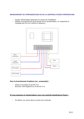 Page 7 sur 15
http://brumisation.blogspot.fr/
BRANCHEMENT DU TEMPORISATEUR OU DE LA CENTRALE
HYGRO/TEMPERATURE
- Couper l’alimentation électrique en amont de l’installation
- Réaliser le branchement de la pompe HP au temporisateur, en respectant le
couplage des fils (voir schéma ci-dessous).
Pour le branchement d’options (ex : pressostat) :
- Retirer le pontage du bornier 5-6
- Brancher votre appareil sur le bornier 5-6
Si vous associez un temporisateur avec une centrale température/hygro :
- Se référer à la notice dans le carton de la centrale
 