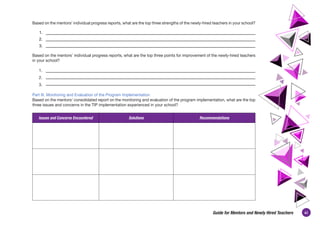 41
Guide for Mentors and Newly Hired Teachers
Based on the mentors’ individual progress reports, what are the top three strengths of the newly-hired teachers in your school?
1.	
2.	
3.	
Based on the mentors’ individual progress reports, what are the top three points for improvement of the newly-hired teachers
in your school?
1.	
2.	
3.	
Part III. Monitoring and Evaluation of the Program Implementation
Based on the mentors’ consolidated report on the monitoring and evaluation of the program implementation, what are the top
three issues and concerns in the TIP implementation experienced in your school?
Issues and Concerns Encountered Solutions Recommendations
 