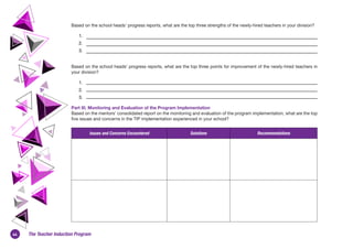 44 The Teacher Induction Program
Based on the school heads’ progress reports, what are the top three strengths of the newly-hired teachers in your division?
1.	
2.	
3.	
Based on the school heads’ progress reports, what are the top three points for improvement of the newly-hired teachers in
your division?
1.	
2.	
3.	
Part III. Monitoring and Evaluation of the Program Implementation
Based on the mentors’ consolidated report on the monitoring and evaluation of the program implementation, what are the top
five issues and concerns in the TIP implementation experienced in your school?
Issues and Concerns Encountered Solutions Recommendations
 