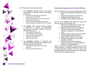 8 The Teacher Induction Program
The TIP components are elaborated below:
1.	 The curriculum supports induction and career
advancement of teachers through PPST-aligned
courses that:
•	 Promote contextualized and responsive
understanding of the PPST 
•	 Support the principles of inclusive education
and self-directed learning
•	 Utilize scenario-based approach towards a
more meaningful completion of the TIP courses
2.	 The delivery helps teachers towards building
a community of practice via self-directed,
participatory, and multiple modalities. Among the
learning platforms are:
•	 Learning Action Cells (LAC)
•	 Job-embedded Learning (JEL)
•	 Online and print-based learning
•	 Coaching and mentoring
•	 Teacher conferences
3.	 The ecosystem facilitates an integrative and
harmonized professional learning ecosystem for the
induction of newly hired teachers. 
•	 Strengthened linkages and harmonized
resources 
•	 Dynamic professional learning
Curriculum Approach and Course Offering
The TIP makes use of the scenario-based approach which:
1.	 Promotes contextualized understanding of the
PPST 
2.	 Supports the principles of adult learning
3.	 Facilitates problem-based learning
4.	 Facilitates practical classroom application
The TIP has 6 courses which support all newly hired
teachers to become more familiar with:
1.	 Relevant laws; DepEd’s vision, mission, and
core values; organizational structure
2.	 DepEd calendar, administrative guidelines,
processes, routines, lesson planning,
classroom management, and standardized
forms
3.	 Expected teacher practice based on the PPST
and PPST-aligned systems and tools
4.	 Implementation of the K to 12 curriculum 
5.	 Professional engagement with the wider
education community
6.	 Practices towards teacher well-being,
guidelines, processes, and required levels of
practice for career progression
These courses will be available in both print and online
versions (through a Learning Management System and/
or mobile application possibly in the next school year
implementation) to provide a range of learning opportunities
that will match the available resources.
 