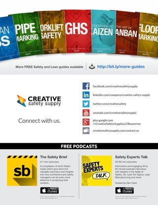 FREE PODCASTS
The Safety Brief
2-7 min episodes
A compilation of short Radio-
Casts which give short but
valuable overviews and insights
into how contractors and safety
managers can be even more
effective in protecting their
workers.
https://itunes.apple.com/us/podcast/the-safety-
brief/id950399486?mt=2
https://itunes.apple.com/us/podcast/safety-
experts-talk/id972110927?mt=2
Safety Experts Talk
30-60 min episodes
Informative and engaging 30 to
60 minute podcast interviews
with leaders in the fields of
Safety, 5S, Lean Six Sigma, Lean
Manufacturing and more.
Hosted by Dan Clark
facebook.com/creativesafetysupply
Connect with us.
twitter.com/creativesafety
plus.google.com
/+CreativeSafetySupplyLLCBeaverton
linkedin.com/company/creative-safety-supply
youtube.com/creativesafetysupply
creativesafetysupply.com/contact-us
http://bit.ly/more-guidesMore FREE Safety and Lean guides available
 