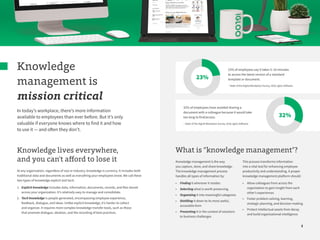 2
Knowledge
management is
mission critical
In today’s workplace, there’s more information
available to employees than ever before. But it’s only
valuable if everyone knows where to find it and how
to use it — and often they don’t.
Knowledge lives everywhere,
and you can’t afford to lose it
At any organization, regardless of size or industry, knowledge is currency. It includes both
traditional data and documents as well as everything your employees know. We call these
two types of knowledge explicit and tacit.
1. Explicit knowledge includes data, information, documents, records, and files stored
across your organization. It’s relatively easy to manage and consolidate.
2. Tacit knowledge is people-generated, encompassing employee experience,
feedback, dialogue, and ideas. Unlike explicit knowledge, it’s harder to collect
and organize. It requires more complex knowledge-transfer tools, such as those
that promote dialogue, ideation, and the recording of best practices.
What is “knowledge management”?
32% of employees have avoided sharing a
document with a colleague because it would take
too long to find/access.
– State of the Digital Workplace Survey, 2018, Igloo Software.
23% of employees say it takes 5–10 minutes
to access the latest version of a standard
template or document.
– State of the Digital Workplace Survey, 2018, Igloo Software.
23%
32%
Knowledge management is the way
you capture, store, and share knowledge.
The knowledge management process
handles all types of information by:
• Finding it wherever it resides
• Selecting what is worth preserving
• Organizing it into meaningful categories
• Distilling it down to its most useful,
accessible form
• Presenting it in the context of solutions
to business challenges
This process transforms information
into a vital tool for enhancing employee
productivity and understanding. A proper
knowledge management platform should:
• Allow colleagues from across the
organization to gain insight from each
other’s experiences
• Foster problem-solving, learning,
strategic planning, and decision-making
• Protect intellectual assets from decay
and build organizational intelligence
 