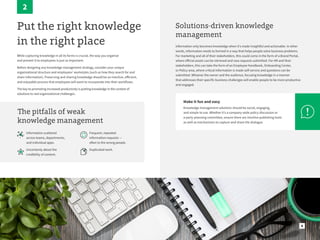 8
Put the right knowledge
in the right place
While capturing knowledge in all its forms is crucial, the way you organize
and present it to employees is just as important.
Before designing any knowledge management strategy, consider your unique
organizational structure and employees’ workstyles (such as how they search for and
share information). Preserving and sharing knowledge should be an intuitive, efficient,
and enjoyable process that employees will want to incorporate into their workflows.
The key to promoting increased productivity is putting knowledge in the context of
solutions to real organizational challenges.
2
The pitfalls of weak
knowledge management
Information scattered
across teams, departments,
and individual apps.
Uncertainty about the
credibility of content.
Frequent, repeated
information requests —
often to the wrong people.
Duplicated work.
Make it fun and easy
Knowledge management solutions should be social, engaging,
and simple to use. Whether it’s a company-wide policy discussion or
a party-planning committee, ensure there are intuitive publishing tools
as well as mechanisms to capture and share the dialogue.
Solutions-driven knowledge
management
Information only becomes knowledge when it’s made insightful and actionable. In other
words, information needs to formed in a way that helps people solve business problems.
For marketing and all of their stakeholders, this could come in the form of a Brand Portal,
where official assets can be retrieved and new requests submitted. For HR and their
stakeholders, this can take the form of an Employee Handbook, Onboarding Center,
or Policy area, where critical information is made self-service and questions can be
submitted. Whoever the owner and the audience, focusing knowledge in a manner
that addresses their specific business challenges will enable people to be more productive
and engaged.
 