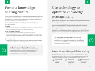 10
The downside of standalone apps in the enterprise
Without a unified destination for sharing information, knowledge can
get trapped in hard drives and file-sharing apps. Only a limited group of
people can access it, and the file hierarchy is often hard to navigate. The
result: stagnant, unused information.
Use technology to
optimize knowledge
management
Powerful search capabilities are key
A unified digital destination with a strong, centralized search function allows employees
to find what they need, fast. Search is critical to the whole digital workplace experience,
with multiple benefits for knowledge management and productivity, including:
Remote work and the explosion of apps in the workplace have created a chaotic landscape
for knowledge management.
While best-of-breed enterprise apps can boost individual productivity in the short term,
they’re counterproductive when it comes to the broader dissemination of knowledge.
Multiple apps used in isolation create multiple siloes of hard-to-access content.
But the right technology can cut across these knowledge divides and create a single
source of truth. A central digital destination can surface content from apps and third-party
enterprise systems, and place them in the context of related content and conversation.
Increased visibility
of all types of
knowledge.
Reduced time
searching across
multiple apps
or systems.
Decreased volume
of emails and
messaging.
4
Foster a knowledge-
sharing culture
Creating a culture of knowledge sharing in a highly dispersed digital workplace can be hard.
Direct, daily interaction with colleagues is declining. But with tools that support the open
exchange of current, trusted information, organizations can expand the opportunities for
interaction beyond the water cooler and boardroom.
Here are a few effective methods here for building a culture of knowledge sharing
in the digital workplace:
1. Process
Embed process into employees’ daily work lives where they can quickly and easily share
stories, ideas, and lessons learned across the whole organization.
2. Peer and Manager Recognition
Encourage sharing of knowledge through commenting and re-sharing
across channels. Celebrate stories of the organization, its people, and its customers;
publish important decisions to align people to mission and vision, and to keep a history
of decision rationale.
3. Ideation and Feedback
Create a digital workplace environment that has easy mechanisms for submitting ideas
and feedback openly. Allow it to spark dialogue, excitement, and change.
Recognize that knowledge sharing can be social
Forums, polls, microblogs, and other features encourage knowledge
sharing and storytelling in a fun way that people already use in their
personal life. Don’t forget that employees expect consumer-like
technology experiences in their work tools.
3
 