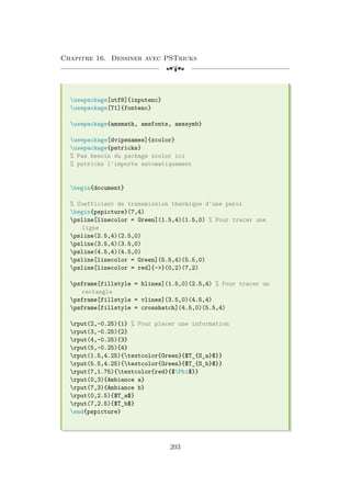 Chapitre 16. Dessiner avec PSTricks
[a
usepackage[utf8]{inputenc}
usepackage[T1]{fontenc}
usepackage{amsmath, amsfonts, amssymb}
usepackage[dvipsnames]{xcolor}
usepackage{pstricks}
% Pas besoin du package xcolor ici
% pstricks l'importe automatiquement
begin{document}
% Coefficient de transmission thermique d'une paroi
begin{pspicture}(7,4)
psline[linecolor = Green](1.5,4)(1.5,0) % Pour tracer une
ligne
psline(2.5,4)(2.5,0)
psline(3.5,4)(3.5,0)
psline(4.5,4)(4.5,0)
psline[linecolor = Green](5.5,4)(5.5,0)
psline[linecolor = red]{-}(0,2)(7,2)
psframe[fillstyle = hlines](1.5,0)(2.5,4) % Pour tracer un
rectangle
psframe[fillstyle = vlines](3.5,0)(4.5,4)
psframe[fillstyle = crosshatch](4.5,0)(5.5,4)
rput(2,-0.25){1} % Pour placer une information
rput(3,-0.25){2}
rput(4,-0.25){3}
rput(5,-0.25){4}
rput(1.5,4.25){textcolor{Green}{$T_{S_a}$}}
rput(5.5,4.25){textcolor{Green}{$T_{S_b}$}}
rput(7,1.75){textcolor{red}{$Phi$}}
rput(0,3){Ambiance a}
rput(7,3){Ambiance b}
rput(0,2.5){$T_a$}
rput(7,2.5){$T_b$}
end{pspicture}
203
 