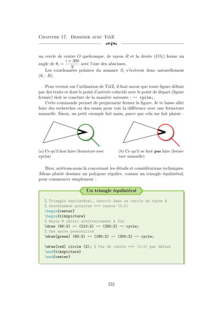 Chapitre 17. Dessiner avec TikZ
[a
un cercle de centre O quelconque, de rayon R et la droite (OSi) forme un
angle de θi =
i × 360
N
avec l’axe des abscisses.
Les coordonnées polaires du sommet Si s’écrivent donc naturellement
(θi : R).
Pour revenir sur l’utilisation de TikZ, il faut savoir que toute figure définie
par des traits et dont le point d’arrivée coïncide avec le point de départ (figure
fermée) doit se conclure de la manière suivante : -- cycle;.
Cette commande permet de proprement fermer la figure. Je te laisse aller
faire des recherches ou des essais pour voir la différence avec une fermeture
manuelle. Sinon, un petit exemple fait main, parce que cela me fait plaisir :
(a) Ce qu’il faut faire (fermeture avec
cycle)
(b) Ce qu’il ne faut pas faire (ferme-
ture manuelle)
Bien, arrêtons-nous là concernant les détails et considérations techniques.
Allons plutôt dessiner un polygone régulier, comme un triangle équilatéral,
pour commencer simplement :
Un triangle équilatéral
% Triangle équilatéral, inscrit dans un cercle de rayon R
% Coordonnées polaires == centre (0,0)
begin{center}
begin{tikzpicture}
% Rayon R choisi arbitrairement à 2cm
draw (90:2) -- (210:2) -- (330:2) -- cycle;
% Une autre possibilité
draw[green] (60:2) -- (180:2) -- (300:2) -- cycle;
draw[red] circle (2); % Pas de centre == (0,0) par défaut
end{tikzpicture}
end{center}
222
 