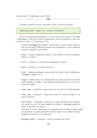 Chapitre 17. Dessiner avec TikZ
[a
Un node s’appelle par une commande, selon la syntaxe suivante :
node[options] (nom) at (coord) {texte};
Il existe de multiples possibilités en ce qui concerne les options d’un node
(options). Celles que j’utilise fréquemment sont les suivantes et sont rap-
pelées en Table A.8 (annexes p. 268) :
Õ circle (rectangle par défaut) : pour avoir un cercle comme cadre au
lieu du rectangle. Différents formats sont disponibles et sont explicités
dans les exemples un peu après ;
Õ draw = color (black par défaut) : pour afficher le cadre du node et
définir sa couleur ;
Õ fill = color : la couleur de remplissage du cadre ;
Õ text = color : la couleur du texte ;
Õ font = mise-en-forme : pour mettre en forme le texte (bfseries,
itshape, small, etc.) ;
Õ align = position, avec position qui peut prendre les valeurs
left, center ou right : pour aligner horizontalement le texte à l’in-
térieur du node ;
Õ inner sep = taille : espacement entre le texte et le bord du node ;
Õ outer sep = taille : espacement entre le bord du node et les
autres éléments ;
Õ text width = taille : largeur de la boîte (invisible) dans laquelle
est placée le texte. Si text width est inférieur à minimum width, la
boîte en question est centrée.
Toutefois, le texte à l’intérieur peut continuer à être excentré si text width
est supérieur à la taille minimale du texte. Dans ce cas, utiliser l’option
align pour centrer à ta convenance ;
Õ minimum width = taille : largeur minimale du cadre ;
236
 