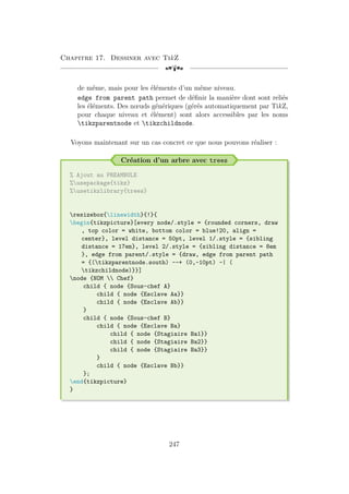 Chapitre 17. Dessiner avec TikZ
[a
de même, mais pour les éléments d’un même niveau.
edge from parent path permet de définir la manière dont sont reliés
les éléments. Des nœuds génériques (gérés automatiquement par TikZ,
pour chaque niveau et élément) sont alors accessibles par les noms
tikzparentnode et tikzchildnode.
Voyons maintenant sur un cas concret ce que nous pouvons réaliser :
Création d’un arbre avec trees
% Ajout au PREAMBULE
%usepackage{tikz}
%usetikzlibrary{trees}
resizebox{linewidth}{!}{
begin{tikzpicture}[every node/.style = {rounded corners, draw
, top color = white, bottom color = blue!20, align =
center}, level distance = 50pt, level 1/.style = {sibling
distance = 17em}, level 2/.style = {sibling distance = 8em
}, edge from parent/.style = {draw, edge from parent path
= {(tikzparentnode.south) --+ (0,-10pt) -| (
tikzchildnode)}}]
node {NOM  Chef}
child { node {Sous-chef A}
child { node {Esclave Aa}}
child { node {Esclave Ab}}
}
child { node {Sous-chef B}
child { node {Esclave Ba}
child { node {Stagiaire Ba1}}
child { node {Stagiaire Ba2}}
child { node {Stagiaire Ba3}}
}
child { node {Esclave Bb}}
};
end{tikzpicture}
}
247
 
