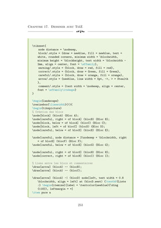 Chapitre 17. Dessiner avec TikZ
[a
tikzset{
node distance = nodesep,
block/.style = {draw = newblue, fill = newblue, text =
white, rounded corners, minimum width = blockwidth,
minimum height = blockheight, text width = blockwidth -
2mm, align = center, font = sffamily},
warning/.style = {block, draw = red, fill = red},
correct/.style = {block, draw = Green, fill = Green},
careful/.style = {block, draw = orange, fill = orange},
arrow/.style = {newblue, line width = 5pt, -,  = Stealth
},
comment/.style = {text width = nodesep, align = center,
font = sffamilyitshape}
}
begin{landscape}
resizebox{linewidth}{!}{
begin{tikzpicture}
% Création des blocs
node[block] (blocA) {Bloc A};
node[careful, right = of blocA] (blocB) {Bloc B};
node[block, below = of blocA] (blocC) {Bloc C};
node[block, left = of blocC] (blocD) {Bloc D};
node[careful, below = of blocD] (blocE) {Bloc E};
node[careful, node distance = 2nodesep + blockwidth, right
= of blocE] (blocF) {Bloc F};
node[careful, below = of blocE] (blocG) {Bloc G};
node[careful, right = of blocG] (blocH) {Bloc H};
node[correct, right = of blocH] (blocI) {Bloc I};
% Liens entre les blocs et commentaires
draw[arrow] (blocA) -- (blocB);
draw[arrow] (blocA) -- (blocC);
draw[arrow] (blocA) -| (blocD) node[left, text width = 0.8
blockwidth, align = left] at (blocD.west) {textbf{Liste
:} begin{itemize}[label = textcolor{newblue}{ding
{118}}, leftmargin = *]
item puce a
253
 