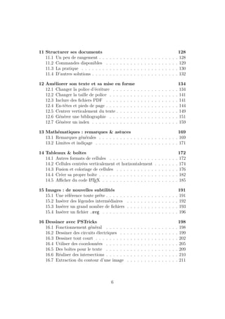11 Structurer ses documents 128
11.1 Un peu de rangement . . . . . . . . . . . . . . . . . . . . . . . 128
11.2 Commandes disponibles . . . . . . . . . . . . . . . . . . . . . 129
11.3 La pratique . . . . . . . . . . . . . . . . . . . . . . . . . . . . 130
11.4 D’autres solutions . . . . . . . . . . . . . . . . . . . . . . . . . 132
12 Améliorer son texte et sa mise en forme 134
12.1 Changer la police d’écriture . . . . . . . . . . . . . . . . . . . 134
12.2 Changer la taille de police . . . . . . . . . . . . . . . . . . . . 141
12.3 Inclure des fichiers PDF . . . . . . . . . . . . . . . . . . . . . 141
12.4 En-têtes et pieds de page . . . . . . . . . . . . . . . . . . . . . 144
12.5 Centrer verticalement du texte . . . . . . . . . . . . . . . . . . 149
12.6 Générer une bibliographie . . . . . . . . . . . . . . . . . . . . 151
12.7 Générer un index . . . . . . . . . . . . . . . . . . . . . . . . . 159
13 Mathématiques : remarques & astuces 169
13.1 Remarques générales . . . . . . . . . . . . . . . . . . . . . . . 169
13.2 Limites et indiçage . . . . . . . . . . . . . . . . . . . . . . . . 171
14 Tableaux & boîtes 172
14.1 Autres formats de cellules . . . . . . . . . . . . . . . . . . . . 172
14.2 Cellules centrées verticalement et horizontalement . . . . . . . 174
14.3 Fusion et coloriage de cellules . . . . . . . . . . . . . . . . . . 176
14.4 Créer sa propre boîte . . . . . . . . . . . . . . . . . . . . . . . 182
14.5 Afficher du code L
A
TEX . . . . . . . . . . . . . . . . . . . . . . 185
15 Images : de nouvelles subtilités 191
15.1 Une référence toute prête . . . . . . . . . . . . . . . . . . . . . 191
15.2 Insérer des légendes intermédiaires . . . . . . . . . . . . . . . 192
15.3 Insérer un grand nombre de fichiers . . . . . . . . . . . . . . . 193
15.4 Insérer un fichier .svg . . . . . . . . . . . . . . . . . . . . . . 196
16 Dessiner avec PSTricks 198
16.1 Fonctionnement général . . . . . . . . . . . . . . . . . . . . . 198
16.2 Dessiner des circuits électriques . . . . . . . . . . . . . . . . . 199
16.3 Dessiner tout court . . . . . . . . . . . . . . . . . . . . . . . . 202
16.4 Utiliser des coordonnées . . . . . . . . . . . . . . . . . . . . . 205
16.5 Des boîtes pour le texte . . . . . . . . . . . . . . . . . . . . . 209
16.6 Réaliser des intersections . . . . . . . . . . . . . . . . . . . . . 210
16.7 Extraction du contour d’une image . . . . . . . . . . . . . . . 211
6
 