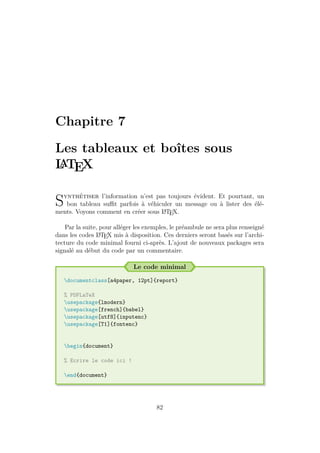 Chapitre 7
Les tableaux et boîtes sous
L
A
TEX
Synthétiser l’information n’est pas toujours évident. Et pourtant, un
bon tableau suffit parfois à véhiculer un message ou à lister des élé-
ments. Voyons comment en créer sous L
A
TEX.
Par la suite, pour alléger les exemples, le préambule ne sera plus renseigné
dans les codes L
A
TEX mis à disposition. Ces derniers seront basés sur l’archi-
tecture du code minimal fourni ci-après. L’ajout de nouveaux packages sera
signalé au début du code par un commentaire.
Le code minimal
documentclass[a4paper, 12pt]{report}
% PDFLaTeX
usepackage{lmodern}
usepackage[french]{babel}
usepackage[utf8]{inputenc}
usepackage[T1]{fontenc}
begin{document}
% Ecrire le code ici !
end{document}
82
 