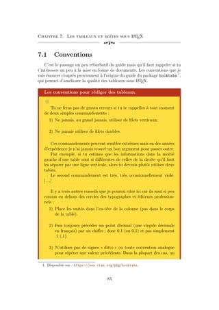 Chapitre 7. Les tableaux et boîtes sous L
A
TEX
[a
7.1 Conventions
C’est le passage un peu rébarbatif du guide mais qu’il faut rappeler si tu
t’intéresses un peu à la mise en forme de documents. Les conventions que je
vais énoncer ci-après proviennent à l’origine du guide du package booktabs 1
,
qui permet d’améliorer la qualité des tableaux sous L
A
TEX.
Les conventions pour rédiger des tableaux
«
Tu ne feras pas de graves erreurs si tu te rappelles à tout moment
de deux simples commandements :
1) Ne jamais, au grand jamais, utiliser de filets verticaux.
2) Ne jamais utiliser de filets doubles.
Ces commandements peuvent sembler extrêmes mais en des années
d’expérience je n’ai jamais trouvé un bon argument pour passer outre.
Par exemple, si tu estimes que les informations dans la moitié
gauche d’une table sont si différentes de celles de la droite qu’il faut
les séparer par une ligne verticale, alors tu devrais plutôt utiliser deux
tables.
Le second commandement est très, très occasionnellement violé.
[. . .]
Il y a trois autres conseils que je pourrai citer ici car ils sont si peu
connus en dehors des cercles des typographes et éditeurs profession-
nels :
1) Place les unités dans l’en-tête de la colonne (pas dans le corps
de la table).
2) Fais toujours précéder un point décimal (une virgule décimale
en français) par un chiffre ; donc 0.1 (ou 0,1) et pas simplement
.1 (,1).
3) N’utilises pas de signes « ditto » ou toute convention analogue
pour répéter une valeur précédente. Dans la plupart des cas, un
1. Disponible sur : https://www.ctan.org/pkg/booktabs.
83
 
