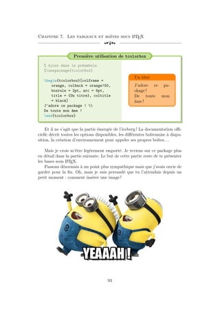 Chapitre 7. Les tableaux et boîtes sous L
A
TEX
[a
Première utilisation de tcolorbox
% Ajout dans le préambule
%usepackage{tcolorbox}
begin{tcolorbox}[colframe =
orange, colback = orange!50,
boxrule = 2pt, arc = 6pt,
title = {Un titre}, coltitle
= black]
J'adore ce package ! 
De toute mon âme !
end{tcolorbox}
Un titre
J’adore ce pa-
ckage !
De toute mon
âme !
Et il ne s’agit que la partie émergée de l’iceberg ! La documentation offi-
cielle décrit toutes les options disponibles, les différentes boîtesmise à dispo-
sition, la création d’environnement pour appeler ses propres boîtes. . .
Mais je crois m’être légèrement emporté. Je reviens sur ce package plus
en détail dans la partie suivante. Le but de cette partie reste de te présenter
les bases sous L
A
TEX.
Passons désormais à un point plus sympathique mais que j’avais envie de
garder pour la fin. Oh, mais je suis persuadé que tu l’attendais depuis un
petit moment : comment insérer une image !
93
 