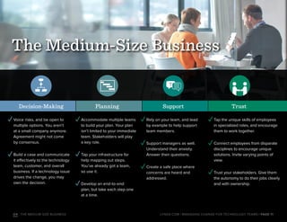 | PAGE 11LYNDA.COM | MANAGING CHANGE FOR TECHNOLOGY TEAMSO4 : THE MEDIUM-SIZE BUSINESS
✓Voice risks, and be open to
multiple options. You aren’t
at a small company anymore.
Agreement might not come
by consensus.
✓Build a case and communicate
it effectively to the technology
team, customer, and overall
business. If a technology issue
drives the change, you may
own the decision.
✓Accommodate multiple teams
to build your plan. Your plan
isn’t limited to your immediate
team. Stakeholders will play
a key role.
✓Tap your infrastructure for
help mapping out steps.
You’ve already got a team,
so use it.
✓Develop an end-to-end
plan, but take each step one
at a time.
✓Rely on your team, and lead
by example to help support
team members.
✓Support managers as well.
Understand their anxiety.
Answer their questions.
✓Create a safe place where
concerns are heard and
addressed.
✓Tap the unique skills of employees
in specialized roles, and encourage
them to work together.
✓Connect employees from disparate
disciplines to encourage unique
solutions. Invite varying points of
view.
✓Trust your stakeholders. Give them
the autonomy to do their jobs clearly
and with ownership.
Decision-Making Planning Support Trust
The Medium-Size Business
 