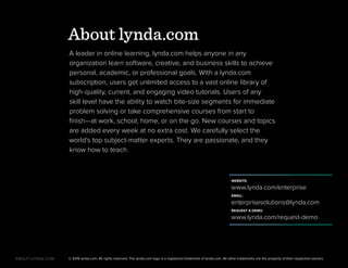 About lynda.com
WEBSITE:
www.lynda.com/enterprise
EMAIL:
enterprisesolutions@lynda.com
REQUEST A DEMO:
www.lynda.com/request-demo
A leader in online learning, lynda.com helps anyone in any
organization learn software, creative, and business skills to achieve
personal, academic, or professional goals. With a lynda.com
subscription, users get unlimited access to a vast online library of
high-quality, current, and engaging video tutorials. Users of any
skill level have the ability to watch bite-size segments for immediate
problem solving or take comprehensive courses from start to
finish—at work, school, home, or on the go. New courses and topics
are added every week at no extra cost. We carefully select the
world’s top subject-matter experts. They are passionate, and they
know how to teach.
© 2015 lynda.com. All rights reserved. The lynda.com logo is a registered trademark of lynda.com. All other trademarks are the property of their respective owners.ABOUT LYNDA.COM
 
