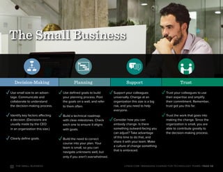 | PAGE 08LYNDA.COM | MANAGING CHANGE FOR TECHNOLOGY TEAMSO3 : THE SMALL BUSINESS
✓Use small size to an advan-
tage. Communicate and
collaborate to understand
the decision-making process.
✓Identify key factors affecting
a decision. (Decisions are
usually made by the CEO
in an organization this size.)
✓Clearly define goals.
✓Use defined goals to build
your planning process. Post
the goals on a wall, and refer
to them often.
✓Build a technical roadmap
with clear milestones. Check
each one to ensure it aligns
with goals.
✓Build the need to correct
course into your plan. Your
team is small, so you can
navigate unknowns well, but
only if you aren’t overwhelmed.
✓Support your colleagues
universally. Change at an
organization this size is a big
risk, and you need to help
everyone.
✓Consider how you can
embody change. Is there
something outward-facing you
can adjust? Take advantage
of this time to do that, and
share it with your team. Make
a culture of change something
that is embraced.
✓Trust your colleagues to use
their expertise and amplify
their commitment. Remember,
trust got you this far.
✓Trust the work that goes into
making the change. Since the
organization is small, you are
able to contribute greatly to
the decision-making process.
Decision-Making Planning Support Trust
The Small Business
 