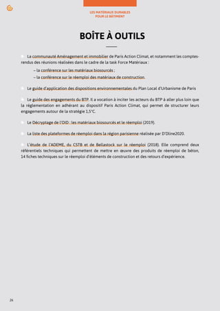 LES MATÉRIAUX DURABLES
POUR LE BÂTIMENT
26
BOÎTE À OUTILS
La communauté Aménagement et immobilier de Paris Action Climat, et notamment les comptes-
rendus des réunions réalisées dans le cadre de la task Force Matériaux :
– la conférence sur les matériaux biosourcés ;
– la conférence sur le réemploi des matériaux de construction.
Le guide d’application des dispositions environnementales du Plan Local d’Urbanisme de Paris
Le guide des engagements du BTP. Il a vocation à inciter les acteurs du BTP à aller plus loin que
la réglementation en adhérant au dispositif Paris Action Climat, qui permet de structurer leurs
engagements autour de la stratégie 1,5°C.
Le Décryptage de l’OID : les matériaux biosourcés et le réemploi (2019).
La liste des plateformes de réemploi dans la région parisienne réalisée par D’Dline2020.
L’étude de l’ADEME, du CSTB et de Bellastock sur le réemploi (2018). Elle comprend deux
référentiels techniques qui permettent de mettre en œuvre des produits de réemploi de béton,
14 fiches techniques sur le réemploi d’éléments de construction et des retours d’expérience.
 