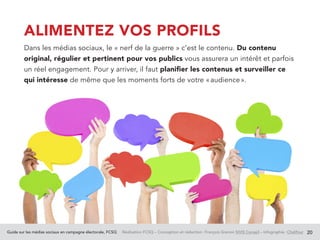 Guide sur les médias sociaux en campagne électorale, FCSQ Réalisation FCSQ – Conception et rédaction : François Grenon SIVIS Conseil – Infographie : Chalifour 20
ALIMENTEZ VOS PROFILS
Dans les médias sociaux, le « nerf de la guerre » c’est le contenu. Du contenu
original, régulier et pertinent pour vos publics vous assurera un intérêt et parfois
un réel engagement. Pour y arriver, il faut planifier les contenus et surveiller ce
qui intéresse de même que les moments forts de votre « audience ».
 