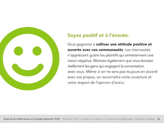 Guide sur les médias sociaux en campagne électorale, FCSQ Réalisation FCSQ – Conception et rédaction : François Grenon SIVIS Conseil – Infographie : Chalifour 31
Soyez positif et à l’écoute.
Vous gagnerez à cultiver une attitude positive et
ouverte avec vos communautés. Les internautes
n’apprécient guère les plaintifs qui entretiennent une
vision négative. Montrez également que vous écoutez
réellement les gens qui engagent la conversation
avec vous. Même si on ne sera pas toujours en accord
avec vos propos, on reconnaîtra votre ouverture et
votre respect de l’opinion d’autrui.
 
 