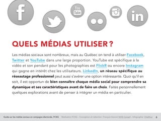 Guide sur les médias sociaux en campagne électorale, FCSQ Réalisation FCSQ – Conception et rédaction : François Grenon SIVIS Conseil – Infographie : Chalifour 6
QUELS MÉDIAS UTILISER ?
Les médias sociaux sont nombreux, mais au Québec on tend à utiliser Facebook,
Twitter et YouTube dans une large proportion. YouTube est spécifique à la
vidéo et son pendant pour les photographies est FlickR ou encore Instagram
qui gagne en intérêt chez les utilisateurs. LinkedIn, un réseau spécifique au
réseautage professionnel peut aussi s’avérer une option intéressante. Quoi qu’il en
soit, il est opportun de bien connaître chaque média social pour comprendre sa
dynamique et ses caractéristiques avant de faire un choix. Faites personnellement
quelques explorations avant de penser à intégrer un média en particulier.
 