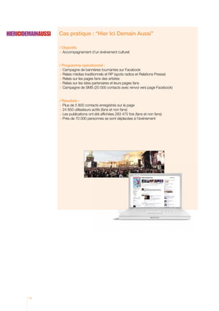 Cas pratique : “Hier Ici Demain Aussi’’
/ Objectifs
 Accompagnement d’un événement culturel
/ Programme opérationnel :
 Campagne de bannières tournantes sur Facebook
 Relais médias traditionnels et RP (spots radios et Relations Presse)
 Relais sur les pages fans des artistes
 Relais sur les sites partenaires et leurs pages fans
 Campagne de SMS (20 000 contacts avec renvoi vers page Facebook)
/ Résultats :
 Plus de 5 800 contacts enregistrés sur la page
 24 850 utilisateurs actifs (fans et non fans)
 Les publications ont été affichées 283 475 fois (fans et non fans)
 Près de 70 000 personnes se sont déplacées à l’événement

14

 