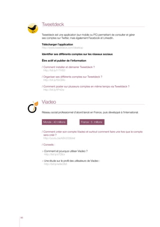 Tweetdeck
Tweetdeck est une application (sur mobile ou PC) permettant de consulter et gérer
ses comptes sur Twitter, mais également Facebook et LinkedIn.
Télécharger l’application
http://www.tweetdeck.com/desktop
Identifier ses différents comptes sur les réseaux sociaux
Être actif et publier de l’information
/  omment installer et démarrer Tweetdeck ?
C
http://bit.ly/t17HS3
/  rganiser ses différents comptes sur Tweetdeck ?
O
http://bit.ly/tSrQWv
/  omment poster sur plusieurs comptes en même temps via Tweetdeck ?
C
http://bit.ly/tPni2w

Viadeo
Réseau social professionnel d’abord lancé en France, puis développé à l’international.
Monde : 40 millions 	

France : 5 millions

/  omment créer son compte Viadeo et surtout comment faire une fois que le compte
C
sera créé ?
http://youtu.be/kBn203btreI
/ Conseils :		
  omment et pourquoi utiliser Viadeo ?
C
http://bit.ly/sTDlLk
 Une étude sur le profil des utilisateurs de Viadeo :

http://bit.ly/w0kO8d

60

 