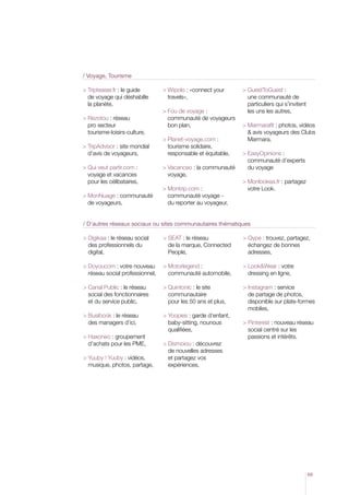 / Voyage, Tourisme
 Tripteaser.fr : le guide
de voyage qui déshabille
la planète,
 Rezotou : réseau
pro secteur
tourisme-loisirs-culture,
 TripAdvisor : site mondial
d’avis de voyageurs,
  ui veut partir.com :
Q
voyage et vacances
pour les célibataires,
 MonNuage : communauté
de voyageurs,

 Wipolo : «connect your
travels»,
  ou de voyage :
F
communauté de voyageurs
bon plan,
 Planet-voyage.com :
tourisme solidaire,
responsable et équitable,
 Vacanceo : la communauté
voyage,
 Montrip.com :
communauté voyage du reporter au voyageur,

 GuestToGuest :
une communauté de
particuliers qui s’invitent
les uns les autres,
 Marmarafit : photos, vidéos
 avis voyageurs des Clubs
Marmara,
  asyOpinions :
E
communauté d’experts
du voyage
 Monlookea.fr : partagez
votre Look.

/ D’autres réseaux sociaux ou sites communautaires thématiques
 Digikaa : le réseau social
des professionnels du
digital,

 SEAT : le réseau
de la marque, Connected
People,

 Qype : trouvez, partagez,
échangez de bonnes
adresses,

 Doyoucom : votre nouveau
réseau social professionnel,

 Motorlegend :
communauté automobile,

 LookWear : votre
dressing en ligne,

  anal Public : le réseau
C
social des fonctionnaires
et du service public,

 Quintonic : le site
communautaire
pour les 50 ans et plus,

 Instagram : service
de partage de photos,
disponible sur plate-formes
mobiles,

 Busibook : le réseau
des managers d’ici,

 Yoopies : garde d’enfant,
baby-sitting, nounous
qualifiées,

 Haxoneo : groupement
d’achats pour les PME,
  uuby ! Yuuby : vidéos,
Y
musique, photos, partage,

 Pinterest : nouveau réseau
social centré sur les
passions et intérêts.

 Dismoiou : découvrez
de nouvelles adresses
et partagez vos
expériences,

69

 