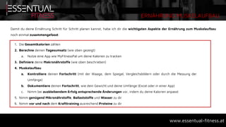 ERNÄHRUNG MUSKELAUFBAU
www.essentual-fitness.at
Damit du deine Ernährung Schritt für Schritt planen kannst, habe ich dir die wichtigsten Aspekte der Ernährung zum Muskelaufbau
noch einmal zusammengefasst:
1. Die Gesamtkalorien zählen
2. Berechne deinen Tagesumsatz (wie oben gezeigt)
a. Nutze eine App wie MyFitnessPal um deine Kalorien zu tracken
3. Definiere deine Makronährstoffe (wie oben beschrieben)
4. Muskelaufbau
a. Kontrolliere deinen Fortschritt (mit der Waage, dem Spiegel, Vergleichsbildern oder durch die Messung der
Umfänge)
b. Dokumentiere deinen Fortschritt, wie dein Gewicht und deine Umfänge (Excel oder in einer App)
c. Nimm bei ausbleibendem Erfolg entsprechende Änderungen vor, indem du deine Kalorien anpasst
5. Nimm genügend Mikronährstoffe, Ballaststoffe und Wasser zu dir
6. Nimm vor und nach dem Krafttraining ausreichend Proteine zu dir
 