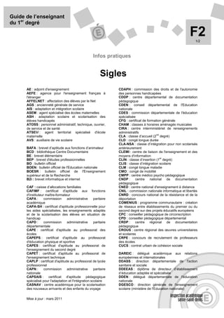 Guide de l’enseignant
du 1er degré

                                                                                                                F2  1/2



                                                      Infos pratiques


                                                           Sigles
      AE : adjoint d'enseignement                                 CDAPH : commission des droits et de l'autonomie
      AEFE : agence pour l'enseignement français à                des personnes handicapées
      l'étranger                                                  CDDP : centre départemental de documentation
      AFFELNET : affectation des élèves par le Net                pédagogique
      AGS : ancienneté générale de service                        CDEN : conseil départemental de l'Education
      AIS : adaptation et intégration scolaire                    nationale
      ASEM : agent spécialisé des écoles maternelles              CDES : commission départementale de l'éducation
      ASH : adaptation scolaire et scolarisation des              spécialisée
      élèves handicapés                                           CFG : certificat de formation générale
      ATOSS : personnel administratif, technique, ouvrier,        CHAM : classes à horaires aménagés musicales
      de service et de santé                                      CIRA : centre interministériel de renseignements
      ATSEM : agent territorial spécialisé d'école                administratifs
                                                                                            nd
      maternelle                                                  CLA : classe d’accueil (2 degré)
      AVS : auxiliaire de vie scolaire                            CLD : congé longue durée
                                                                  CLA-NSA : classe d’intégration pour non scolarisés
      BAFA : brevet d’aptitude aux fonctions d’animateur          antérieurement
      BCD : bibliothèque Centre Documentaire                      CLEMI : centre de liaison de l'enseignement et des
      BE : brevet élémentaire                                     moyens d'information
                                                                                               er
      BEP : brevet d'études professionnelles                      CLIN : classe d’insertion (1 degré)
      BO : bulletin officiel                                      CLIS : classe d’intégration scolaire
      BOEN : bulletin officiel de l'Education nationale           CLM : congé longue maladie
      BOESR : bulletin officiel de l'Enseignement                 CMO : congé de mobilité
      supérieur et de la Recherche                                CMPP : centre médico psycho pédagogique
      B2i : brevet informatique et internet                       CNDP : centre national de documentation
                                                                  pédagogique
      CAF : caisse d’allocations familiales                       CNED : centre national d'enseignement à distance
      CAFIMF : certificat d'aptitude aux fonctions                CNIL : commission nationale informatique et libertés
      d'instituteur maître-formateur                              CNRD : concours national de la résistance et de la
      CAPA :       commission     administrative      paritaire   déportation
      académique                                                  COMENIUS : programme communautaire : création
      CAPA-SH : certificat d'aptitude professionnelle pour        de réseaux entre établissements du premier ou du
      les aides spécialisées, les enseignements adaptés           second degré sur des projets éducatifs européens
      et de la scolarisation des élèves en situation de           CPC : conseiller pédagogique de circonscription
      handicap                                                    CPD : conseiller pédagogique départemental
      CAPD :       commission     administrative      paritaire   CRDP : centre régional de documentation
      départementale                                              pédagogique
      CAPE : certificat d'aptitude au professorat des             CROUS : centre régional des œuvres universitaires
      écoles                                                      et scolaires
      CAPEPS : certificat d'aptitude au professorat               CRPE : concours de recrutement de professeurs
      d'éducation physique et sportive                            des écoles
      CAPES : certificat d'aptitude au professorat de             CUCS : contrat urbain de cohésion sociale
      l'enseignement du second degré
      CAPET : certificat d'aptitude au professorat de             DAREIC : délégué académique aux relations
      l'enseignement technique                                    européennes et internationales
      CAPLP : certificat d'aptitude au professorat de lycée       DDASS : direction départementale de l'action
      professionnel                                               sanitaire et sociale
      CAPN :       commission     administrative      paritaire   DDEEAS : diplôme de directeur d’établissement
      nationale                                                   d’éducation adaptée et spécialisée
      CAPSAIS : certificat d'aptitude pédagogique                 DDEN : délégué départementale de l'éducation
      spécialisé pour l'adaptation et l'intégration scolaire      nationale
      CASNAV : centre académique pour la scolarisation            DGESCO : direction générale de l'enseignement
      des nouveaux arrivants et des enfants du voyage             scolaire (ministère de l'Education nationale)

      Mise à jour : mars 2011
 
