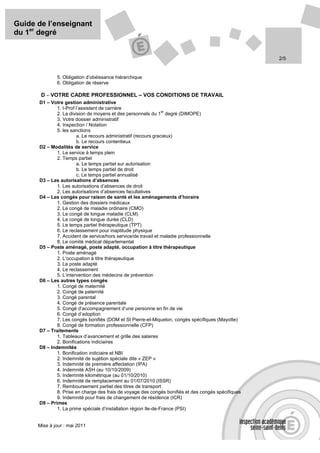 Guide de l’enseignant
du 1er degré


                                                                                                     2/5


              5. Obligation d’obéissance hiérarchique
              6. Obligation de réserve

       D – VOTRE CADRE PROFESSIONNEL – VOS CONDITIONS DE TRAVAIL
      D1 – Votre gestion administrative
              1. I-Prof l’assistant de carrière
                                                                 er
              2. La division de moyens et des personnels du 1 degré (DIMOPE)
              3. Votre dossier administratif
              4. Inspection / Notation
              5. les sanctions
                        a. Le recours administratif (recours gracieux)
                        b. Le recours contentieux
      D2 – Modalités de service
              1. Le service à temps plein
              2. Temps partiel
                        a. Le temps partiel sur autorisation
                        b. Le temps partiel de droit
                        c. Le temps partiel annualisé
      D3 – Les autorisations d’absences
              1. Les autorisations d’absences de droit
              2. Les autorisations d’absences facultatives
      D4 – Les congés pour raison de santé et les aménagements d’horaire
              1. Gestion des dossiers médicaux
              2. Le congé de maladie ordinaire (CMO)
              3. Le congé de longue maladie (CLM)
              4. Le congé de longue durée (CLD)
              5. Le temps partiel thérapeutique (TPT)
              6. Le reclassement pour inaptitude physique
              7. Accident de service/hors service/de travail et maladie professionnelle
              8. Le comité médical départemental
      D5 – Poste aménagé, poste adapté, occupation à titre thérapeutique
              1. Poste aménagé
              2. L’occupation à titre thérapeutique
              3. Le poste adapté
              4. Le reclassement
              5. L’intervention des médecins de prévention
      D6 – Les autres types congés
              1. Congé de maternité
              2. Congé de paternité
              3. Congé parental
              4. Congé de présence parentale
              5. Congé d’accompagnement d’une personne en fin de vie
              6. Congé d’adoption
              7. Les congés bonifiés (DOM et St Pierre-et-Miquelon, congés spécifiques (Mayotte)
              8. Congé de formation professionnelle (CFP)
      D7 – Traitements
              1. Tableaux d’avancement et grille des salaires
              2. Bonifications indiciaires
      D8 – Indemnités
              1. Bonification indiciaire et NBI
              2. Indemnité de sujétion spéciale dite « ZEP »
              3. Indemnité de première affectation (IPA)
              4. Indemnité ASH (au 10/10/2009)
              5. Indemnité kilométrique (au 01/10/2010)
              6. Indemnité de remplacement au 01/07/2010 (ISSR)
              7. Remboursement partiel des titres de transport
              8. Prise en charge des frais de voyage des congés bonifiés et des congés spécifiques
              9. Indemnité pour frais de changement de résidence (ICR)
      D9 – Primes
              1. La prime spéciale d’installation région Ile-de-France (PSI)


      Mise à jour : mai 2011
 