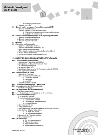 Guide de l’enseignant
du 1er degré


                                                                                4/5


                       f. Décharge partielle/totale
              2. Devenir DDEEAS
      D19 – Devenir maître formateur/ d’accueil temporaire (MAT)
              1. Devenir maître formateur
              2. Devenir maître d’accueil temporaire (MAT)
                       a. Rôle et compétences du maître d’accueil temporaire
                       b. Modalités de recrutement
      D20 – Devenir conseiller pédagogique, IEN, psychologue scolaire
              1. Devenir conseiller pédagogique
              2. Devenir psychologue scolaire
              3. Devenir inspecteur de l’EN
      D21 – Mobilité
      D22 – Formation professionnelle
              1. Le droit à la formation continue
              2. Le droit individuel à la formation (DIF)
              3. Plan académique de formation
              4. Plan départemental de formation de Seine-Saint-Denis
              5. Autres actions de formation
              6. Congé de formation professionnelle (CFP)

       E – UN METIER DANS SON CONTEXTE INSTITUTIONNEL
      E1 – L’environnement professionnel
              1. L’inspecteur d’académie (IA-DSDEN)
              2. L’inspecteur de l’Education nationale (IEN)
              3. le conseiller pédagogique
              4. le coordonnateur REP
              5. Le délégué départemental de l’Education nationale (DDEN)
              6. Les organismes paritaires
      E2 – Fonctionnement de l’école
              1. Le code de l’éducation
              2. Les valeurs du système éducatif
                        a. L’obligation scolaire
                        b. La gratuité
                        c. La laïcité
                                      er
              3. La carte scolaire 1 degré
      E3 – L’organisation pédagogique : les horaires
      E4 – Les programmes de l’école maternelle
              - La liberté pédagogique
      E5 – Les programmes de l’école élémentaire
              - La liberté pédagogique
      E6 – Le socle commun de connaissance et de compétence
      E7 – L’organisation pédagogique
               1. Le règlement intérieur
               2. Les instances de concertations
                        a. Le conseil des maîtres
                        b. Le conseil des maîtres de cycle
                        c. Le conseil d’école
              3. Les parents d’élèves
              4. L’équipe éducative
              5. Le réseau d’aide spécialisé aux élèves en difficulté (RASED)
              6. Les droits et obligations des élèves
                        a. Les droits des élèves
                        b. Les obligations des élèves
              7. Le contrôle de l’assiduité scolaire
              8. Les remplacements
      E8 – Les intervenants
                        a. Qui sont les intervenants ?
                        b. Rôle de l’enseignant
                        c. Rôle de l’intervenant
                        d. Responsabilité – Assurance


      Mise à jour : mai 2011
 