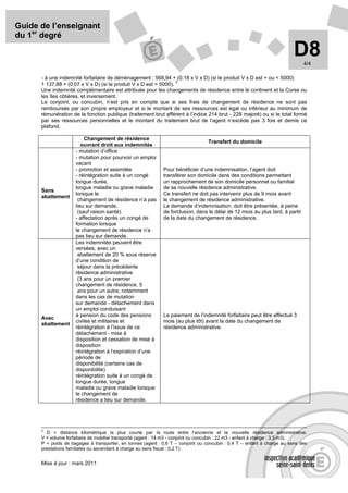 Guide de l’enseignant
du 1er degré

                                                                                                                         D8   4/4

      - à une indemnité forfaitaire de déménagement : 568,94 + (0,18 x V x D) (si le produit V x D est = ou < 5000)
                                                                  3
      1 137,88 + (0,07 x V x D) (si le produit V x D est > 5000).
      Une indemnité complémentaire est attribuée pour les changements de résidence entre le continent et la Corse ou
      les îles côtières, et inversement.
      Le conjoint, ou concubin, n’est pris en compte que si ses frais de changement de résidence ne sont pas
      remboursés par son propre employeur et si le montant de ses ressources est égal ou inférieur au minimum de
      rémunération de la fonction publique (traitement brut afférent à l’indice 214 brut - 228 majoré) ou si le total formé
      par ses ressources personnelles et le montant du traitement brut de l’agent n’excède pas 3 fois et demie ce
      plafond.

                         Changement de résidence
                                                                                  Transfert du domicile
                        ouvrant droit aux indemnités
                     - mutation d’office
                     - mutation pour pourvoir un emploi
                     vacant
                     - promotion et assimilée                Pour bénéficier d’une indemnisation, l’agent doit
                     - réintégration suite à un congé        transférer son domicile dans des conditions permettant
                     longue durée,                           un rapprochement de son domicile personnel ou familial
                     longue maladie ou grave maladie         de sa nouvelle résidence administrative.
      Sans
                     lorsque le                              Ce transfert ne doit pas intervenir plus de 9 mois avant
      abattement
                      changement de résidence n’a pas        le changement de résidence administrative.
                     lieu sur demande,                       La demande d’indemnisation. doit être présentée, à peine
                      (sauf raison santé)                    de forclusion, dans le délai de 12 mois au plus tard, à partir
                     - affectation après un congé de         de la date du changement de résidence.
                     formation lorsque
                     le changement de résidence n’a
                     pas lieu sur demande.
                     Les indemnités peuvent être
                     versées, avec un
                      abattement de 20 % sous réserve
                     d’une condition de
                      séjour dans la précédente
                     résidence administrative
                      (3 ans pour un premier
                     changement de résidence, 5
                      ans pour un autre, notamment
                     dans les cas de mutation
                     sur demande - détachement dans
                     un emploi conduisant
                     à pension du code des pensions          Le paiement de l’indemnité forfaitaire peut être effectué 3
      Avec
                     civiles et militaires et                mois (au plus tôt) avant la date du changement de
      abattement
                     réintégration à l’issue de ce           résidence administrative.
                     détachement - mise à
                     disposition et cessation de mise à
                     disposition
                     réintégration à l’expiration d’une
                     période de
                     disponibilité (certains cas de
                     disponibilité)
                     réintégration suite à un congé de
                     longue durée, longue
                     maladie ou grave maladie lorsque
                     le changement de
                     résidence a lieu sur demande.




      3
        D = distance kilométrique la plus courte par la route entre l’ancienne et la nouvelle résidence administrative.
      V = volume forfaitaire de mobilier transporté (agent : 14 m3 - conjoint ou concubin : 22 m3 - enfant à charge : 3,5 m3).
      P = poids de bagages à transporter, en tonnes (agent : 0,6 T – conjoint ou concubin : 0,4 T – enfant à charge au sens des
      prestations familiales ou ascendant à charge au sens fiscal : 0,2 T)


      Mise à jour : mars 2011
 