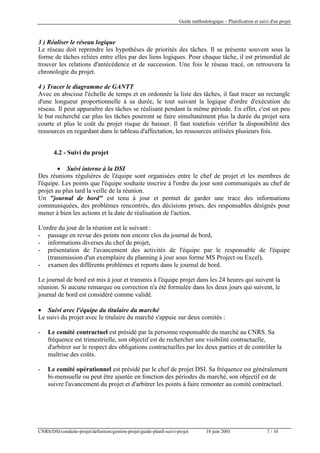 Guide méthodologique – Planification et suivi d'un projet

3 ) Réaliser le réseau logique
Le réseau doit reprendre les hypothèses de priorités des tâches. Il se présente souvent sous la
forme de tâches reliées entre elles par des liens logiques. Pour chaque tâche, il est primordial de
trouver les relations d'antécédence et de succession. Une fois le réseau tracé, on retrouvera la
chronologie du projet.
4 ) Tracer le diagramme de GANTT
Avec en abscisse l'échelle de temps et en ordonnée la liste des tâches, il faut tracer un rectangle
d'une longueur proportionnelle à sa durée, le tout suivant la logique d'ordre d'exécution du
réseau. Il peut apparaître des tâches se réalisant pendant la même période. En effet, c'est un peu
le but recherché car plus les tâches pourront se faire simultanément plus la durée du projet sera
courte et plus le coût du projet risque de baisser. Il faut toutefois vérifier la disponibilité des
ressources en regardant dans le tableau d'affectation, les ressources utilisées plusieurs fois.
4.2 - Suivi du projet
• Suivi interne à la DSI
Des réunions régulières de l'équipe sont organisées entre le chef de projet et les membres de
l'équipe. Les points que l'équipe souhaite inscrire à l'ordre du jour sont communiqués au chef de
projet au plus tard la veille de la réunion.
Un "journal de bord" est tenu à jour et permet de garder une trace des informations
communiquées, des problèmes rencontrés, des décisions prises, des responsables désignés pour
mener à bien les actions et la date de réalisation de l'action.
L'ordre du jour de la réunion est le suivant :
- passage en revue des points non encore clos du journal de bord,
- informations diverses du chef de projet,
- présentation de l'avancement des activités de l'équipe par le responsable de l'équipe
(transmission d'un exemplaire du planning à jour sous forme MS Project ou Excel),
- examen des différents problèmes et reports dans le journal de bord.
Le journal de bord est mis à jour et transmis à l'équipe projet dans les 24 heures qui suivent la
réunion. Si aucune remarque ou correction n'a été formulée dans les deux jours qui suivent, le
journal de bord est considéré comme validé.
• Suivi avec l'équipe du titulaire du marché
Le suivi du projet avec le titulaire du marché s'appuie sur deux comités :
-

Le comité contractuel est présidé par la personne responsable du marché au CNRS. Sa
fréquence est trimestrielle, son objectif est de rechercher une visibilité contractuelle,
d'arbitrer sur le respect des obligations contractuelles par les deux parties et de contrôler la
maîtrise des coûts.

-

Le comité opérationnel est présidé par le chef de projet DSI. Sa fréquence est généralement
bi-mensuelle ou peut être ajustée en fonction des périodes du marché, son objectif est de
suivre l'avancement du projet et d'arbitrer les points à faire remonter au comité contractuel.

CNRS/DSI/conduite-projet/definition/gestion-projet/guide-planfi-suivi-projet

18 juin 2001

7 / 10

 