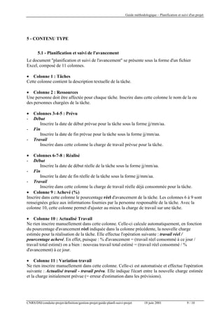 Guide méthodologique – Planification et suivi d'un projet

5 - CONTENU TYPE
5.1 - Planification et suivi de l'avancement
Le document "planification et suivi de l'avancement" se présente sous la forme d'un fichier
Excel, composé de 11 colonnes.
• Colonne 1 : Tâches
Cette colonne contient la description textuelle de la tâche.
• Colonne 2 : Ressources
Une personne doit être affectée pour chaque tâche. Inscrire dans cette colonne le nom de la ou
des personnes chargées de la tâche.
•
-

Colonnes 3-4-5 : Prévu
Début
Inscrire la date de début prévue pour la tâche sous la forme jj/mm/aa.
Fin
Inscrire la date de fin prévue pour la tâche sous la forme jj/mm/aa.
Travail
Inscrire dans cette colonne la charge de travail prévue pour la tâche.

•
-

Colonnes 6-7-8 : Réalisé
Début
Inscrire la date de début réelle de la tâche sous la forme jj/mm/aa.
- Fin
Inscrire la date de fin réelle de la tâche sous la forme jj/mm/aa.
- Travail
Inscrire dans cette colonne la charge de travail réelle déjà consommée pour la tâche.
• Colonne 9 : Achevé (%)
Inscrire dans cette colonne le pourcentage réel d'avancement de la tâche. Les colonnes 6 à 9 sont
renseignées grâce aux informations fournies par la personne responsable de la tâche. Avec la
colonne 10, cette colonne permet d'ajuster au mieux la charge de travail sur une tâche.
• Colonne 10 : Actualisé Travail
Ne rien inscrire manuellement dans cette colonne. Celle-ci calcule automatiquement, en fonction
du pourcentage d'avancement réel indiquée dans la colonne précédente, la nouvelle charge
estimée pour la réalisation de la tâche. Elle effectue l'opération suivante : travail réel /
pourcentage achevé. En effet, puisque : % d'avancement = (travail réel consommé à ce jour /
travail total estimé) on a bien : nouveau travail total estimé = (travail réel consommé / %
d'avancement) à ce jour.
• Colonne 11 : Variation travail
Ne rien inscrire manuellement dans cette colonne. Celle-ci est automatisée et effectue l'opération
suivante : Actualisé travail - travail prévu. Elle indique l'écart entre la nouvelle charge estimée
et la charge initialement prévue (= erreur d'estimation dans les prévisions).

CNRS/DSI/conduite-projet/definition/gestion-projet/guide-planfi-suivi-projet

18 juin 2001

9 / 10

 