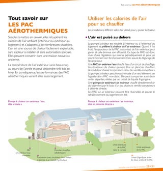Installer une pompe à chaleur 20•21
Tout savoir sur LES PAC AÉROTHERMIQUES
Tout savoir sur
LES PAC
AÉROTHERMIQUES
Simples à mettre en œuvre, elles récupèrent les
calories de l’air ambiant (intérieur ou extérieur au
logement) et s’adaptent à de nombreuses situations.
L’air est une source de chaleur facilement exploitable,
sans capteur à installer et sans autorisation spéciale.
Elles peuvent convenir dans une maison neuve ou
ancienne.
La température de l’air extérieur varie beaucoup
au cours de l’année et peut descendre très bas en
hiver. En conséquence, les performances des PAC
aérothermiques varient elles aussi largement.
Pompe à chaleur air extérieur / eau,
dite « mixte »
Utiliser les calories de l’air
pour se chauffer
Les installations diffèrent selon l’air utilisé pour y puiser la chaleur.
L’air est puisé au dehors
La pompe à chaleur est installée à l’intérieur ou à l’extérieur du
logement et prélève la chaleur de l’air extérieur. Quand il fait
froid, l’évaporateur de la PAC, au contact de l’air extérieur, peut
givrer et cela diminue son efficacité. Ce type de PAC est donc
muni d’une régulation qui inverse périodiquement et pour un
court moment son fonctionnement. Ceci assure le dégivrage de
l’évaporateur.
Une PAC air extérieur / eau chauffe l’eau d’un circuit de chauffage.
Les émetteurs de chaleur peuvent être un plancher chauffant,
des radiateurs basse température et/ou des ventilo-convecteurs.
La pompe à chaleur peut être constituée d’un seul élément : on
l’appelle alors PAC monobloc. Elle peut comporter aussi deux
unités séparées, reliées par un circuit de liquide frigorigène.
Une pompe air extérieur / air intérieur chauffe directement l’air
du logement par le biais d’un ou plusieurs ventilo-convecteurs
à détente directe.
Les PAC sur air extérieur peuvent être réversibles et assurer le
rafraîchissement du logement en été.
Pompe à chaleur air extérieur / air intérieur,
dite « à détente directe »
PAC
air extérieur / eau
monobloc
Tuyauteries avec circulation d’eau reliant
la pompe à un module hydraulique
Plancher chauffant
rafraîchissant
Unité extérieure
de la PAC
Unité intérieure
de la PAC,
dans le comble
Liaison frigorifique entre
les deux unités de la PAC
 