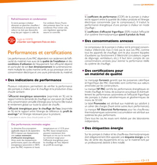Installer une pompe à chaleur 12•13
Comment ÇA MARCHE ?
Rafraîchissement et condensation
Si votre pompe à chaleur
alimente un plancher chauffant /
rafraîchissant, la température de
celui-ci ne doit pas descendre
trop bas par rapport à celle de
l’air ambiant. Sinon, l’humi-
dité présente dans l’air va se
condenser. Pour éviter cela,
une régulation appropriée
assure ce contrôle.
Guide de l’ADEME
« Garder son logement frais en été »
Performances et certiﬁcations
Les performances d’une PAC dépendent non seulement de l’effi-
cacité du matériel, mais aussi de la qualité de l’installation et des
conditions d’utilisation de l’équipement. Son efficacité dépend
en particulier de son bon dimensionnement :le surdimensionne-
ment multiplie les cycles marche / arrêt, ce qui provoque une sur-
consommation électrique et une usure prématurée du matériel.
Des indications de performance
Plusieurs indications permettent de vérifier la performance
des pompes à chaleur pour le chauffage et la production d’eau
chaude sanitaire :
l’efficacité énergétique saisonnière (exprimée en %) est le
rapport entre la demande de chauffage sur une saison de chauffe
et la consommation annuelle d’énergie pour la fournir.Elle traduit
le rendement global sur toute la saison de chauffe ;
l’efficacité énergétique pour le chauffage de l’eau (exprimée
en %) est le rapport entre l’énergie de référence du profil de
soutirage * et l’énergie nécessaire pour la produire ;
* caractérise le volume d’eau chaude puisée sur 24 h.
Des performances minimales exigées
La directive Eco-conception
applicable depuis le 26 septembre
2015 impose aux équipements
une valeur minimum
d’efficacité énergétique.
Ainsi, seuls des équipements
performants, ayant une efficacité
énergétique saisonnière � 100 %
pour les PAC moyenne et haute
température et � 115 % pour
les PAC basse température,
peuvent maintenant être
fabriqués et mis sur le marché.
Le minimum exigé pour
l’efficacité énergétique pour
le chauffage de l’eau dépend
du profil de soutirage.
le coefficient de performance (COP) de la pompe à chaleur
est le rapport entre la quantité de chaleur produite et l’énergie
électrique consommée (par le compresseur). Il traduit la
performance énergétique d’une pompe à chaleur en mode
chauffage ;
le coefficient d’efficacité frigorifique (EER) traduit l’efficacité
d’un système thermodynamique quand il produit du froid.
Des consommations annexes
Le compresseur de la pompe à chaleur est le principal consom-
mateur d’électricité, mais il n’est pas le seul. Les PAC, comme
tous les appareils de chauffage, sont le plus souvent équipées
d’auxiliaires qui fonctionnent à l’électricité (circulateurs, organe
de dégivrage, ventilateurs, etc.). Il faut tenir compte de ces
consommations annexes pour estimer la performance réelle
du système de chauffage.
Des certifications pour
un matériel de qualité
Le marquage Eurovent garantit que les puissances calorifique
et frigorifique des PAC réversibles sont conformes aux valeurs
annoncées par les constructeurs.
La marque NF PAC certifie les performances énergétiques en
mode chauffage, le niveau de puissance acoustique et éventuel-
lement les performances saisonnières et l’efficacité frigorifique
des pompes à chaleur aérothermiques et géothermiques de
moins de 50 kW.
Le label Promotelec est attribué aux matériels qui satisfont à
un cahier des charges (fixant entre autres leurs performances).
La marque NF Electricité Performance pour les chauffe-eau
thermodynamiques autonomes à accumulation est attribué aux
systèmes les plus performants.
Dans tous les cas, les essais sont réalisés par des laboratoires
indépendants.
Des étiquettes énergie
Sur les pompes à chaleur et les chauffe-eau thermodynamiques
doit obligatoirement être apposée une étiquette énergie, sur le
lieu de vente des équipements et / ou sur le matériel livré par
un professionnel, destiné à être installé.
 