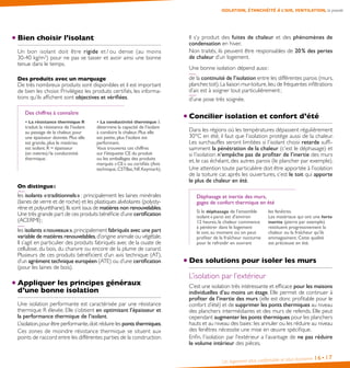 Un logement plus confortable et plus économe 16•17
Bien choisir l’isolant
Un bon isolant doit être rigide et / ou dense (au moins
30-40 kg/m3
) pour ne pas se tasser et avoir ainsi une bonne
tenue dans le temps.
Des produits avec un marquage
De très nombreux produits sont disponibles et il est important
de bien les choisir. Privilégiez les produits certifiés, les informa-
tions qu’ils affichent sont objectives et vérifiées.
Des chiffres à connaître
• La résistance thermique R
traduit la résistance de l’isolant
au passage de la chaleur,pour
une épaisseur donnée.Plus elle
est grande,plus le matériau
est isolant.R = épaisseur
(en mètres) / la conductivité
thermique.
• La conductivité thermique l
détermine la capacité de l’isolant
à conduire la chaleur.Plus elle
est petite,plus l’isolant est
performant.
Vous trouverez ces chiffres
sur l’étiquette CE du produit
ou les emballages des produits
marqués « CE » ou certifiés (Avis
technique,CSTBat,NF,Keymark).
On distingue :
les isolants « traditionnels » : principalement les laines minérales
(laines de verre et de roche) et les plastiques alvéolaires (polysty-
rène et polyuréthane).Ils sont issus de matières non renouvelables.
Une très grande part de ces produits bénéficie d’une certification
(ACERMI) ;
les isolants « nouveaux »,principalement fabriqués avec une part
variable de matières renouvelables,d’origine animale ou végétale.
Il s’agit en particulier des produits fabriqués avec de la ouate de
cellulose, du bois, du chanvre ou encore de la plume de canard.
Plusieurs de ces produits bénéficient d’un avis technique (AT),
d’un agrément technique européen (ATE) ou d’une certification
(pour les laines de bois).
Appliquer les principes généraux
d’une bonne isolation
Une isolation performante est caractérisée par une résistance
thermique R élevée. Elle s’obtient en optimisant l’épaisseur et
la performance thermique de l’isolant.
L’isolation,pour être performante,doit réduire les ponts thermiques.
Ces zones de moindre résistance thermique se situent aux
points de raccord entre les différentes parties de la construction.
ISOLATION, ÉTANCHÉITÉ À L’AIR, VENTILATION, la priorité
Il s’y produit des fuites de chaleur et des phénomènes de
condensation en hiver.
Non traités, ils peuvent être responsables de 20 % des pertes
de chaleur d’un logement.
Une bonne isolation dépend aussi :
de la continuité de l’isolation entre les différentes parois (murs,
plancher,toit).La liaison mur-toiture,lieu de fréquentes infiltrations
d’air, est à soigner tout particulièrement ;
d’une pose très soignée.
Concilier isolation et confort d’été
Dans les régions où les températures dépassent régulièrement
30°C en été, il faut que l’isolation protège aussi de la chaleur.
Les surchauffes seront limitées si l’isolant choisi retarde suffi-
samment la pénétration de la chaleur (c’est le déphasage) et
si l’isolation n’empêche pas de profiter de l’inertie des murs
et, le cas échéant, des autres parois (le plancher par exemple).
Une attention toute particulière doit être apportée à l’isolation
de la toiture car, après les ouvertures, c’est le toit qui apporte
le plus de chaleur en été.
Déphasage et inertie des murs,
gages de confort thermique en été
Si le déphasage de l’ensemble
isolant + paroi est d’environ
12 heures, la chaleur commence
à pénétrer dans le logement
le soir, au moment où on peut
profiter de la fraîcheur nocturne
pour le refroidir en ouvrant
les fenêtres.
Les matériaux qui ont une forte
inertie (pierre par exemple)
restituent progressivement la
chaleur ou la fraîcheur qu’ils
emmagasinent. Cette qualité
est précieuse en été.
Des solutions pour isoler les murs
L’isolation par l’extérieur
C’est une isolation très intéressante et efficace pour les maisons
individuelles d’au moins un étage. Elle permet de continuer à
profiter de l’inertie des murs (elle est donc profitable pour le
confort d’été) et de supprimer les ponts thermiques au niveau
des planchers intermédiaires et des murs de refends. Elle peut
cependant augmenter les ponts thermiques pour les planchers
hauts et au niveau des baies :les annuler ou les réduire au niveau
des fenêtres nécessite une mise en œuvre spécifique.
Enfin, l’isolation par l’extérieur a l’avantage de ne pas réduire
le volume intérieur des pièces.
 