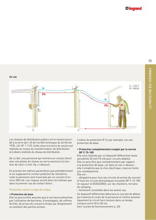 LAPROTECTIONDESPERSONNES
35
2e cas
Les réseaux de distribution publics ont le neutre raccor-
dé à la terre (art. 45 de l’arrêté technique du 26 février
1978, J.O. N° 1 112). Cette mise à la terre du neutre est
réalisée au niveau du transformateur de distribution
et à divers endroits du réseau de distribution.
De ce fait, une personne qui rentrera en contact direct
avec une phase du réseau se verra soumise à la ten-
sion de celui-ci (voir fig. ci-dessus).
En prenant les mêmes paramètres que précédemment
et en supposant le contact pieds/sol de résistance
nulle la personne sera traversée par un courant d’en-
viron 200 mA. Les risques seront donc les mêmes que
dans le premier cas de contact direct.
Protection contre ce type de risque
• Protection de base
Elle ne pourra être assurée que d’une façon préventive
par l’utilisation de barrières, d’enveloppes, de coffrets
fermés, de prises de courant à éclips par éloignement
ou isolation des parties actives.
L’indice de protection IP 2x par exemple, est une
protection de base.
• Protection complémentaire exigée par la norme
NF C 15-100
Elle sera réalisée par un dispositif différentiel haute
sensibilité 30 mA (10 mA pour circuits dédiés).
Elle ne peut être que complémentaire par rapport
à la protection de base, car dans le cas ci-dessus :
elle n’empêche pas le choc électrique, mais en limite
ses conséquences.
Elle est :
- obligatoire pour tous les circuits de prises de courant
et tous les circuits domestiques (nouvelle NF C 15-100
en vigueur le 05/02/2002), sur les chantiers, terrains
de camping…
- fortement conseillée dans les autres cas.
Ce dispositif différentiel détectera le courant de défaut
qui traverse le corps de la personne et mettra automa-
tiquement le circuit hors tension dans un temps
compris entre 20 et 50 ms.
(voir courbe de fonctionnement p. 43)
Ph
N
UC
= 230 V
R = 1000 Ω
Ph
N
R
UC
 