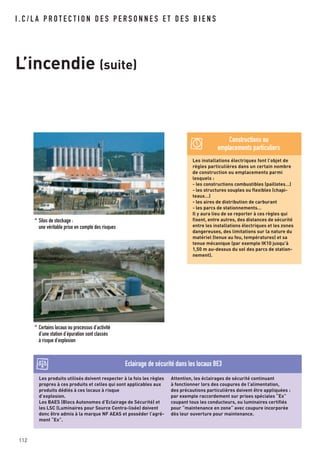 I . C / L A P R O T E C T I O N D E S P E R S O N N E S E T D E S B I E N S
L’incendie (suite)
^ Certains locaux ou processus d’activité
d’une station d’épuration sont classés
à risque d’explosion
^ Silos de stockage :
une véritable prise en compte des risques
Les produits utilisés doivent respecter à la fois les règles
propres à ces produits et celles qui sont applicables aux
produits dédiés à ces locaux à risque
d’explosion.
Les BAES (Blocs Autonomes d’Eclairage de Sécurité) et
les LSC (Luminaires pour Source Centra-lisée) doivent
donc être admis à la marque NF AEAS et posséder l’agré-
ment “Ex”.
Attention, les éclairages de sécurité continuant
à fonctionner lors des coupures de l’alimentation,
des précautions particulières doivent être appliquées :
par exemple raccordement sur prises spéciales “Ex”
coupant tous les conducteurs, ou luminaires certifiés
pour “maintenance en zone“ avec coupure incorporée
dès leur ouverture pour maintenance.
Eclairage de sécurité dans les locaux BE3
Les installations électriques font l’objet de
règles particulières dans un certain nombre
de construction ou emplacements parmi
lesquels :
- les constructions combustibles (paillotes…)
- les structures souples ou flexibles (chapi-
teaux…)
- les aires de distribution de carburant
- les parcs de stationnements…
Il y aura lieu de se reporter à ces règles qui
fixent, entre autres, des distances de sécurité
entre les installations électriques et les zones
dangereuses, des limitations sur la nature du
matériel (tenue au feu, températures) et sa
tenue mécanique (par exemple IK10 jusqu’à
1,50 m au-dessus du sol des parcs de station-
nement).
Constructions ou
emplacements particuliers
112
 