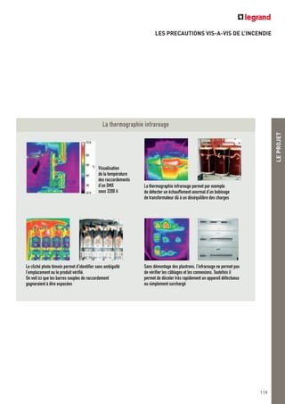 LEPROJET
119
LES PRECAUTIONS VIS-A-VIS DE L’INCENDIE
La thermographie infrarouge
Le cliché photo témoin permet d’identifier sans ambiguïté
l’emplacement ou le produit vérifié.
On voit ici que les barres souples de raccordement
gagneraient à être espacées
La thermographie infrarouge permet par exemple
de détecter un échauffement anormal d’un bobinage
de transformateur dû à un déséquilibre des charges
Sans démontage des plastrons, l’infrarouge ne permet pas
de vérifier les câblages et les connexions. Toutefois il
permet de déceler très rapidement un appareil défectueux
ou simplement surchargé
Visualisation
de la température
des raccordements
d’un DMX
sous 3200 A
 