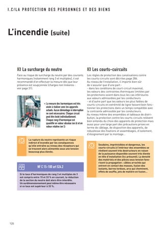 120
I . C / L A P R O T E C T I O N D E S P E R S O N N E S E T D E S B I E N S
L’incendie (suite)
La surcharge du neutre
Face au risque de surcharge du neutre par des courants
harmoniques (notamment rang 3 et multiples), il est
recommandé d’en effectuer la mesure dès que leur
présence est soupçonnée (charges non linéaires :
voir page 31).
< La mesure des harmoniques est très
aisée à réaliser avec les appareils
actuels. Aucun démontage ni interruption
ne sont nécessaires. Chaque circuit
peut être testé individuellement.
Chaque rang d’harmonique est
quantifié en valeur absolue (en A) et en
valeur relative (en %)
La rupture du neutre représente un risque
indirect d’incendie par les conséquences
qu’elle entraîne au niveau des récepteurs qui
se trouvent alors alimentés sous une tension
beaucoup plus élevée.
Soudains, imprévisibles et dangereux, les
courts-circuits à l’intérieur des ensembles se
révèlent souvent très destructeurs en raison
de la puissance disponible souvent très élevée
en tête d’installation (Icc présumé). La densité
des matériels et des pièces sous tension favo-
risent la propagation : câbles arrachés qui
entrent en contact des masses, fusion des
isolants, barres tordues, arcs qui cheminent,
effets de souffle, jets de matière en fusion…
Si le taux d’harmoniques de rang 3 et multiples de 3
est compris entre 15 et 33 % en courant, la réduction
de la section du neutre doit alors être interdite.
Un surdimensionnement peut même être nécessaire
si ce taux est supérieur à 33 %.
NF C 15-100 art 524.2
Les courts-cuircuits
Les règles de protection des canalisations contre
les courts-circuits sont décrites page 286.
Au niveau de l’installation, il importe bien sûr
de s’assurer que d’une part :
- dans les conditions de court-circuit maximal,
les valeurs des contraintes thermiques limitées par
les protections soient dans tous les cas inférieures
aux valeurs admissibles par les conducteurs
- et d’autre part que les valeurs les plus faibles de
courts-circuits en extrémité de ligne fassent bien fonc-
tionner les protections dans un temps compatible avec
la contrainte admissible par les conducteurs.
Au niveau même des ensembles et tableaux de distri-
bution, la protection contre les courts-circuits relèvent
bien entendu du choix des appareils de protection mais
aussi pour une large part des précautions prises en
terme de câblage, de disposition des appareils, de
robustesse des fixations et assemblages, d’isolement,
d’éloignement par le montage…
 